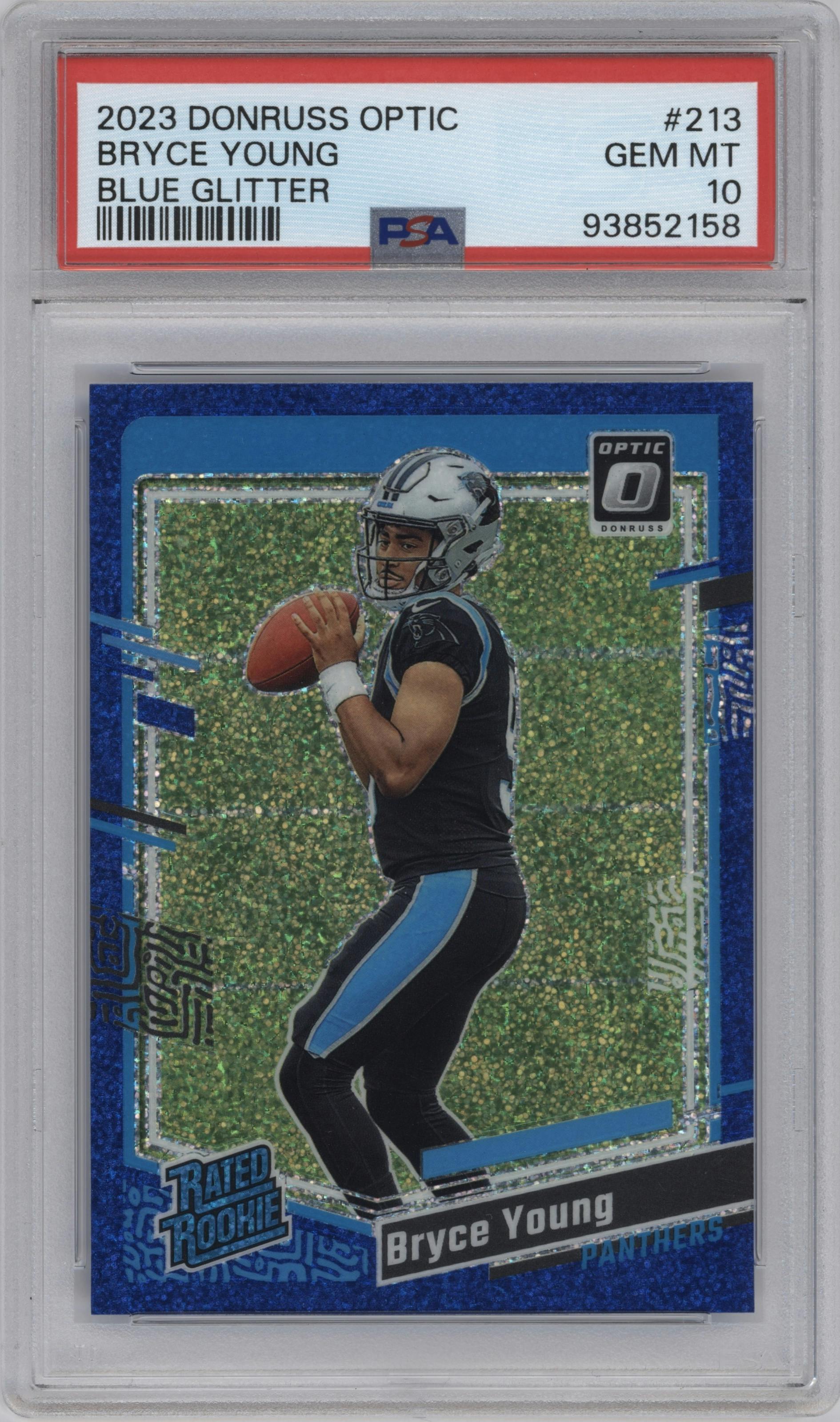 Bryce Young from the 2023 Donruss Optic set featuring a Blue Glitter parallel graded by PSA and given an overall grade of 10.