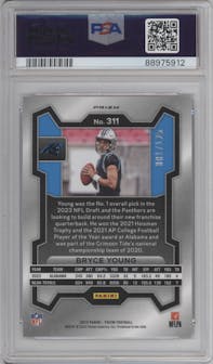 Bryce Young from the 2023 Panini Prizm set featuring a Purple Prizm parallel graded by PSA and given an overall grade of 10.