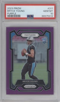 Bryce Young from the 2023 Panini Prizm set featuring a Purple Prizm parallel graded by PSA and given an overall grade of 10.