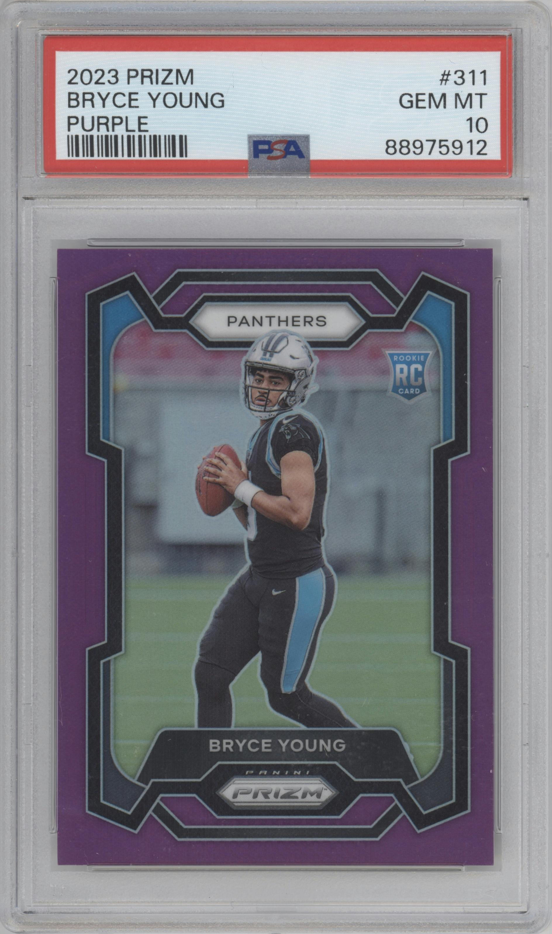 Bryce Young from the 2023 Panini Prizm set featuring a Purple Prizm parallel graded by PSA and given an overall grade of 10.