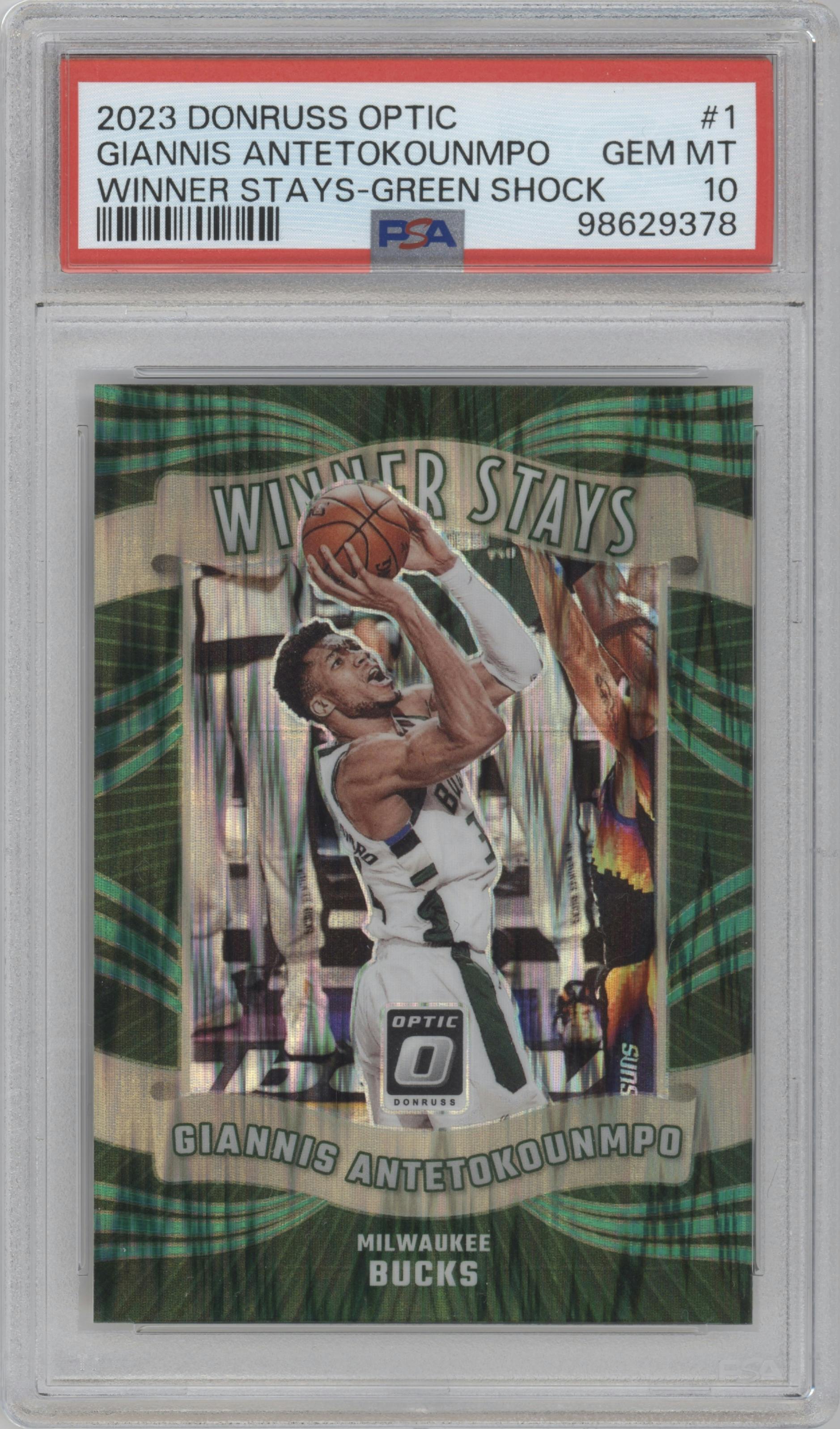 Giannis Antetokounmpo from the 2023-24 Donruss Optic set featuring a Green Shock parallel graded by PSA and given an overall grade of 10.