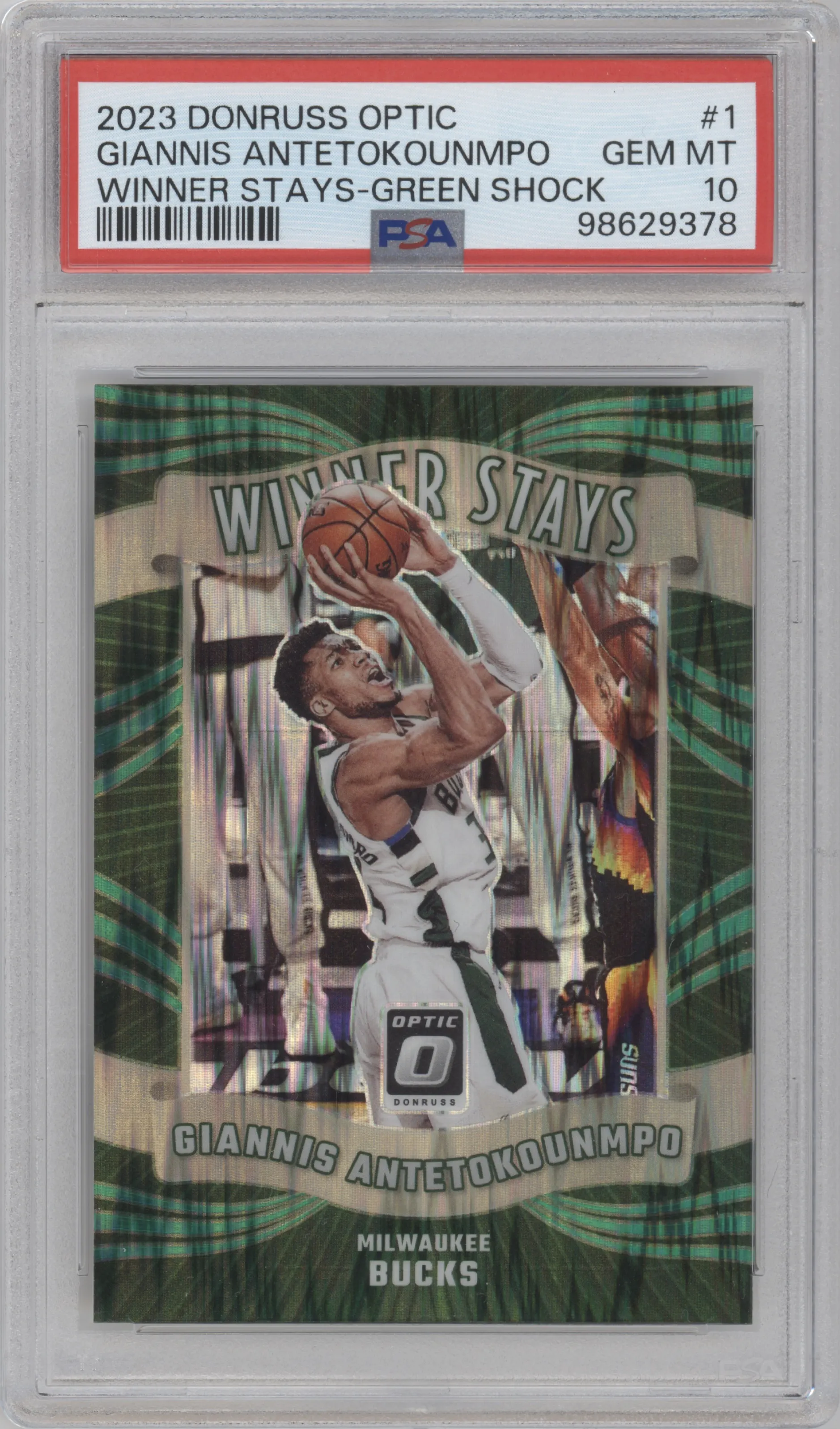 2023 Donruss Optic Winner Stays Giannis Antetokounmpo Green Shock PSA 10