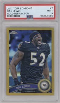Ray Lewis from the 2011 Topps Chrome set featuring a Gold Refractors parallel graded by PSA and given an overall grade of 9.