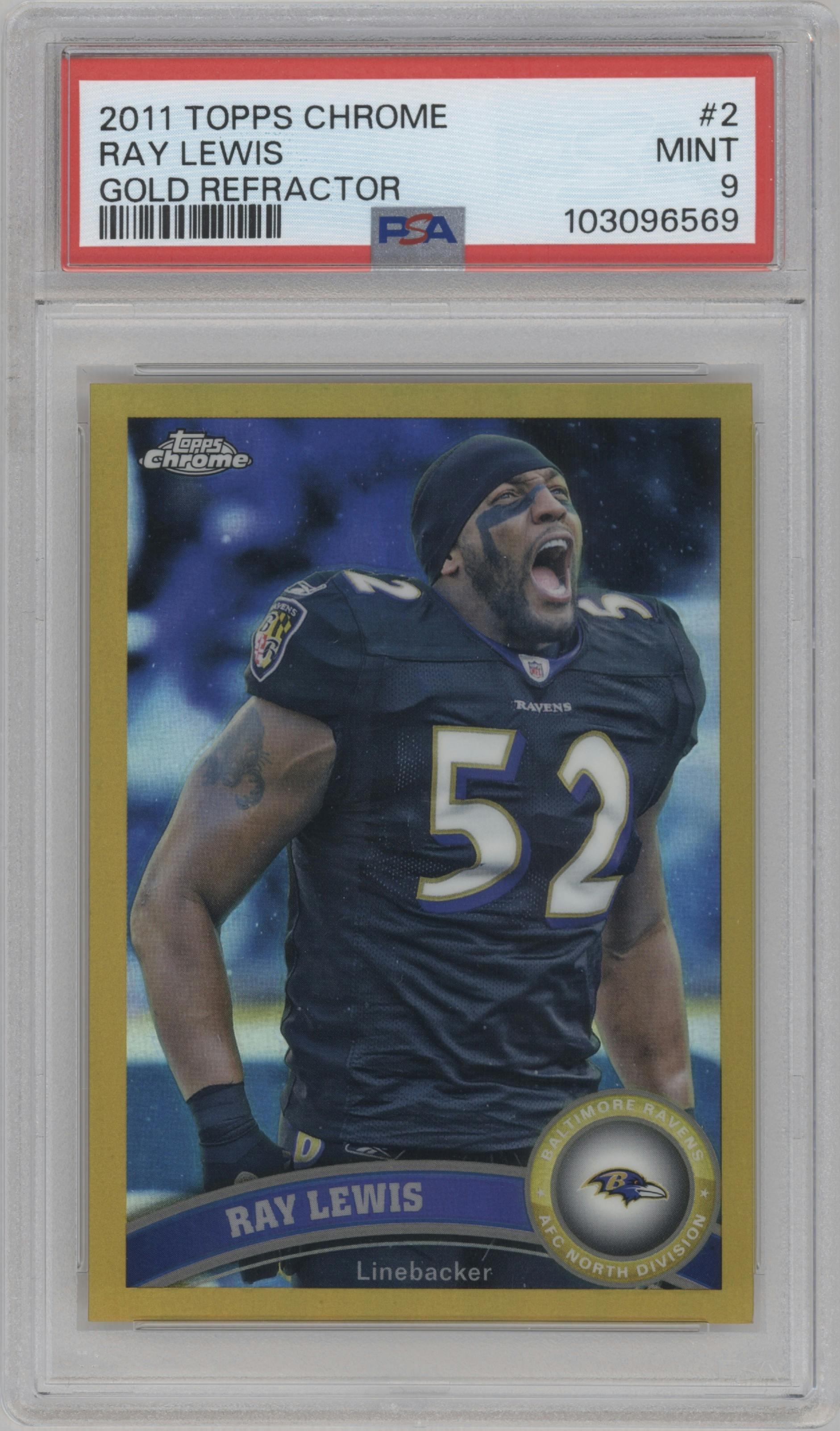 Ray Lewis from the 2011 Topps Chrome set featuring a Gold Refractors parallel graded by PSA and given an overall grade of 9.
