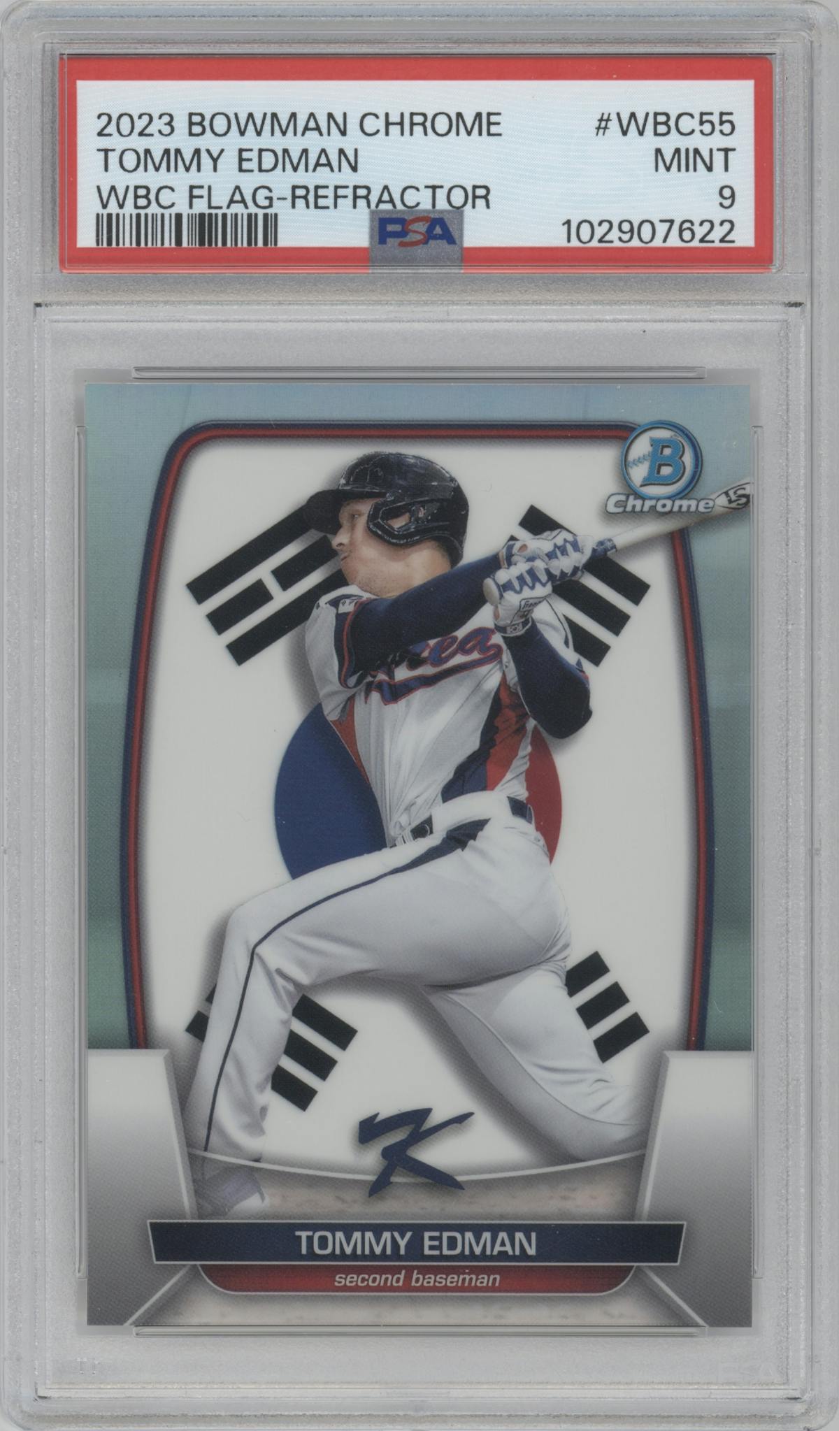 Tommy Edman from the 2023 Bowman Chrome set featuring a Refractor parallel graded by PSA and given an overall grade of 9.