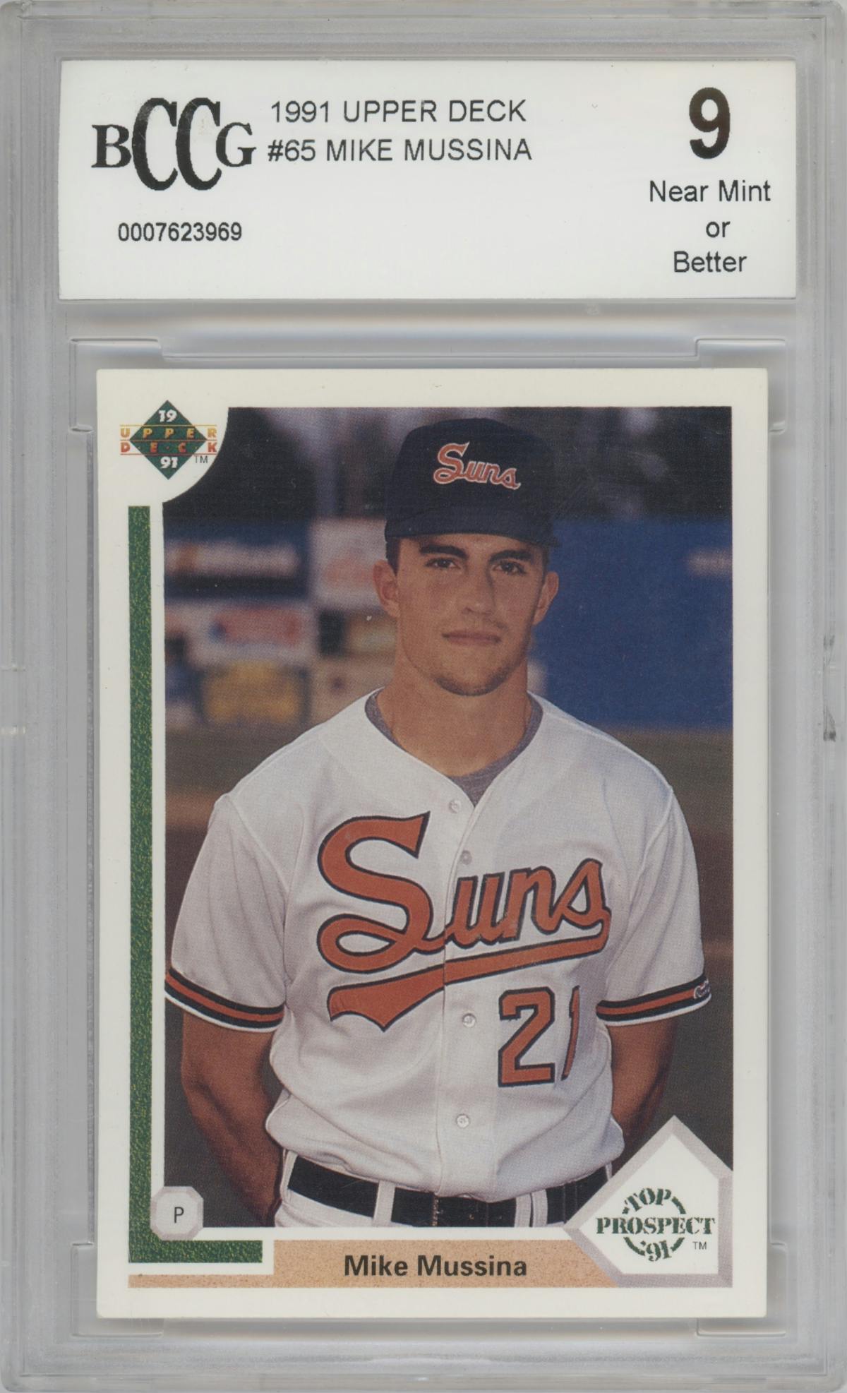 Mike Mussina from the 1991 Upper Deck set graded by Beckett and given an overall grade of 9.