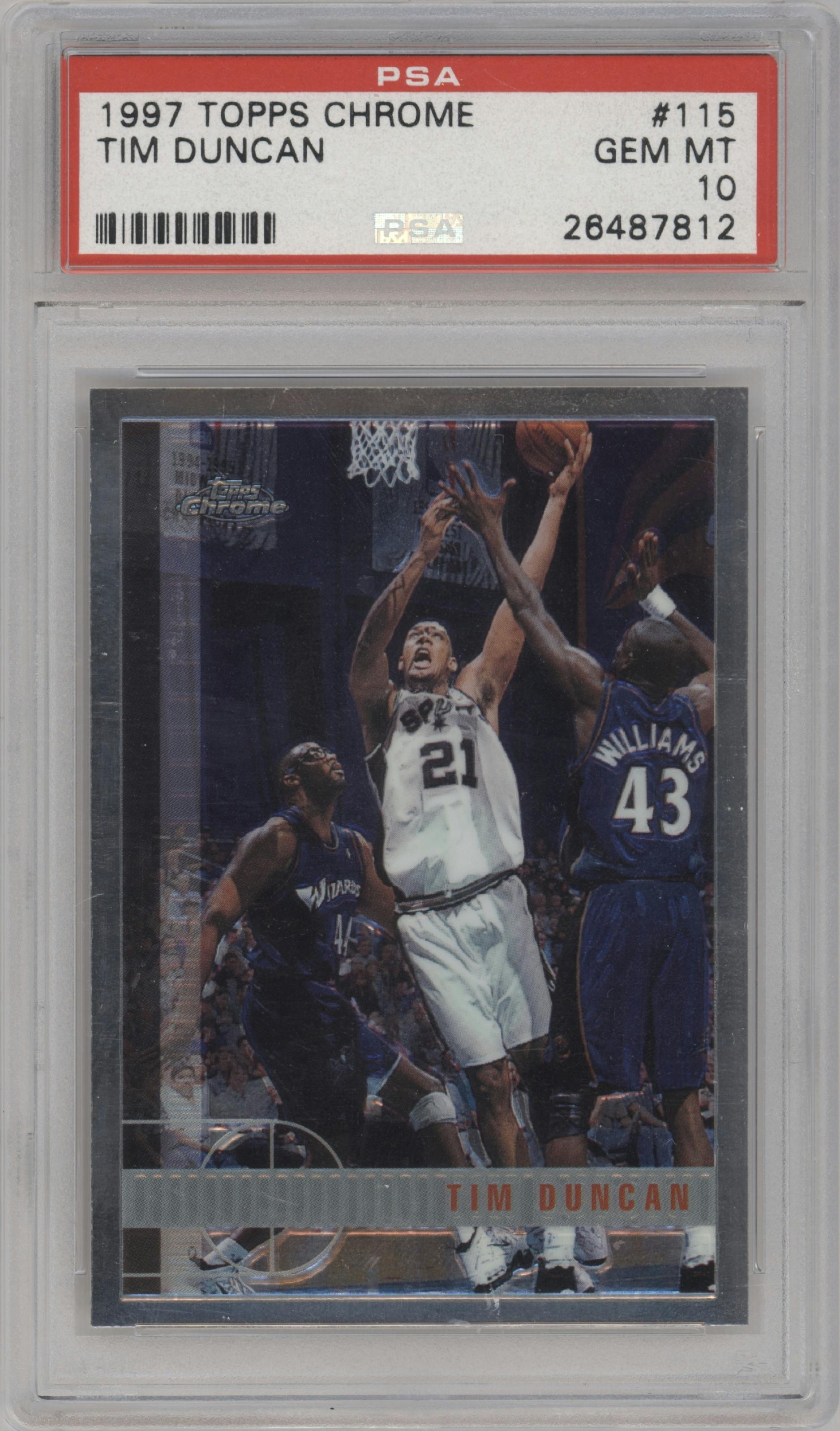 Tim Duncan from the 1997-98 Topps Chrome set graded by PSA and given an overall grade of 10.