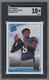 Lamar Jackson from the 2018 Panini Donruss set featuring a Aqueous Test parallel graded by SGC and given an overall grade of 10.