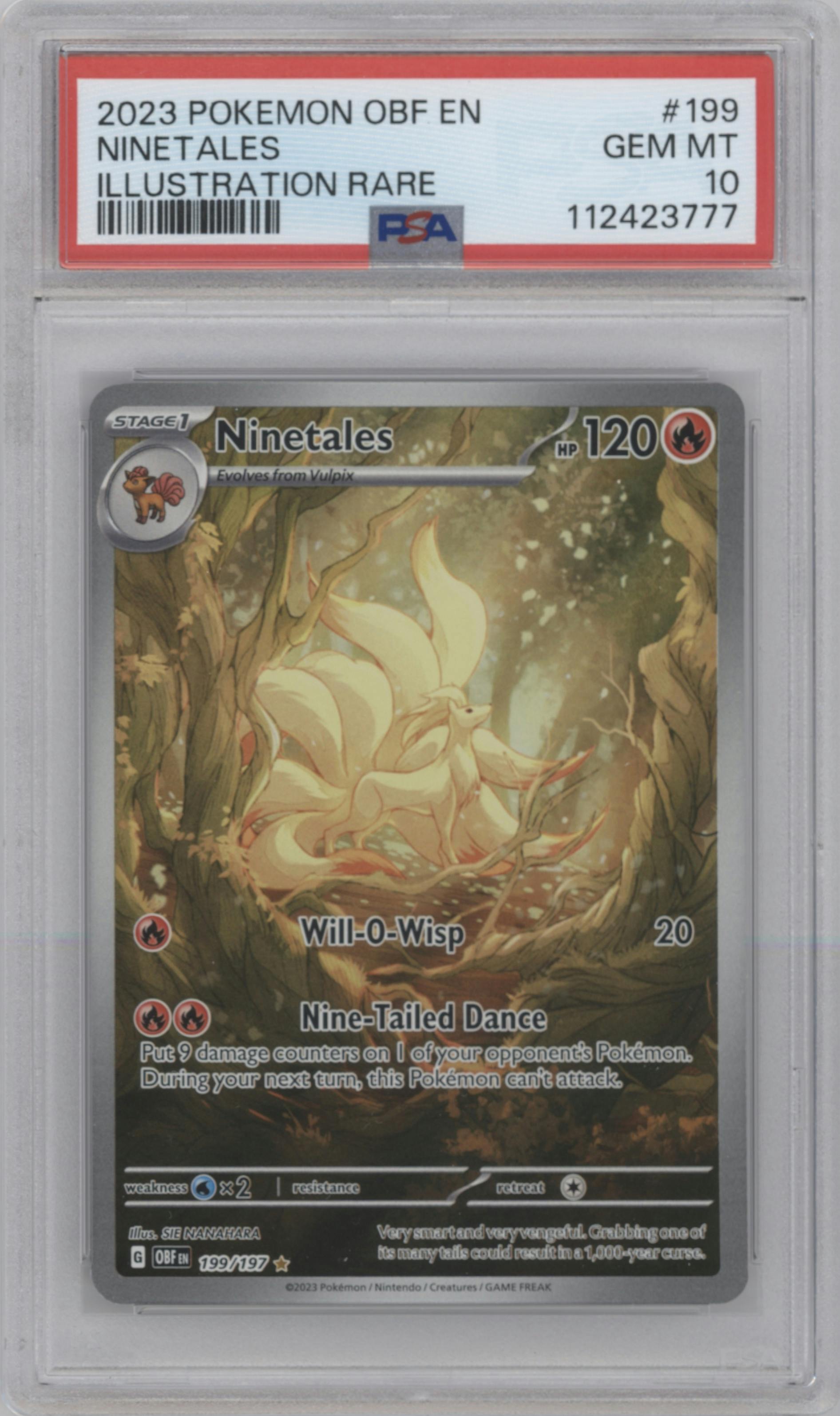 Ninetales from the 2023 Pokemon SV set graded by PSA and given an overall grade of 10.