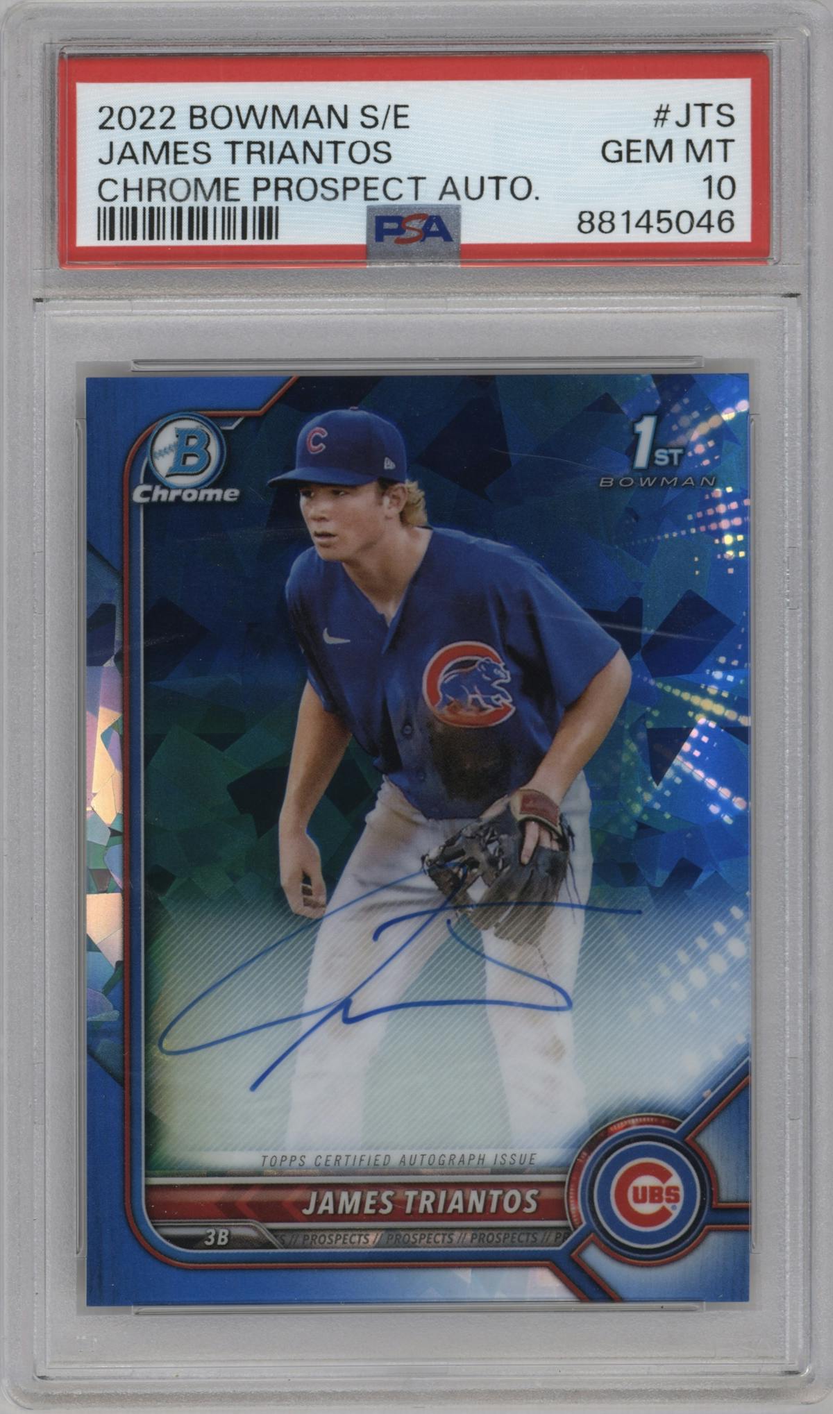 James Triantos from the 2022 Bowman Sapphire Edition set graded by PSA and given an overall grade of 10.