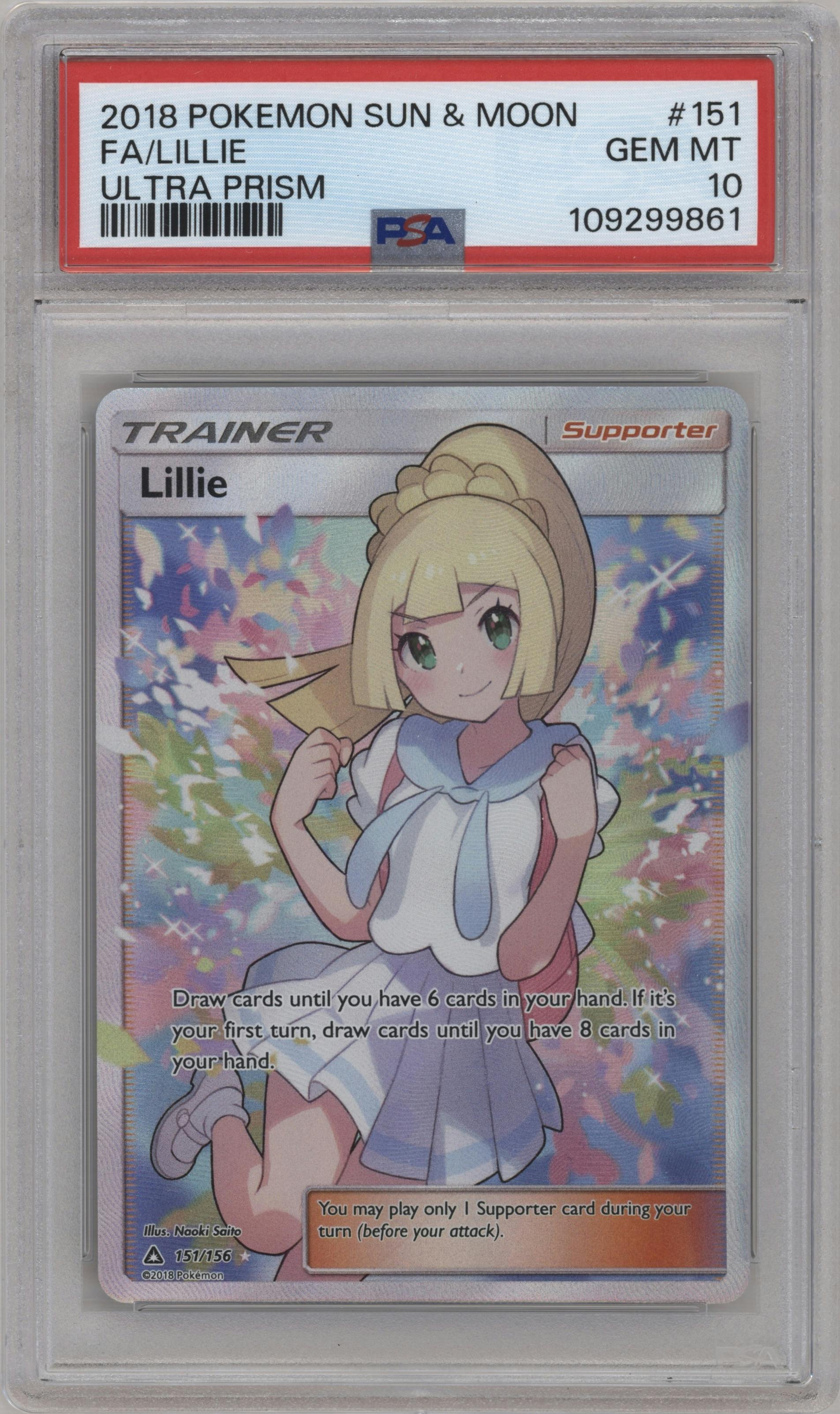 Lillie from the 2018 Pokemon S&M  set graded by PSA and given an overall grade of 10.
