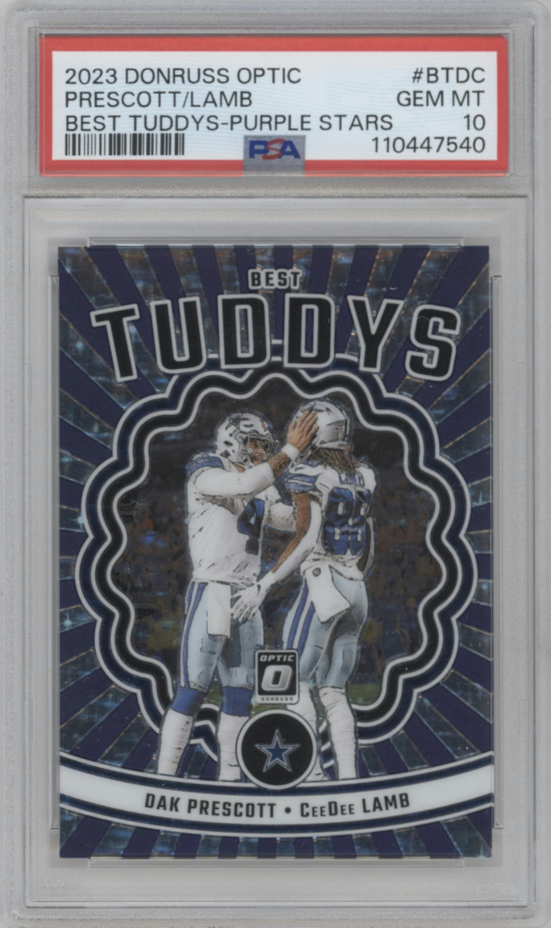 Dak Prescott/CeeDee Lamb from the 2023 Donruss Optic set featuring a Purple Stars parallel graded by PSA and given an overall grade of 10.