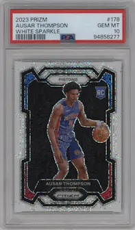 Ausar Thompson from the 2023-24 Panini Prizm set featuring a White Sparkle parallel graded by PSA and given an overall grade of 10.