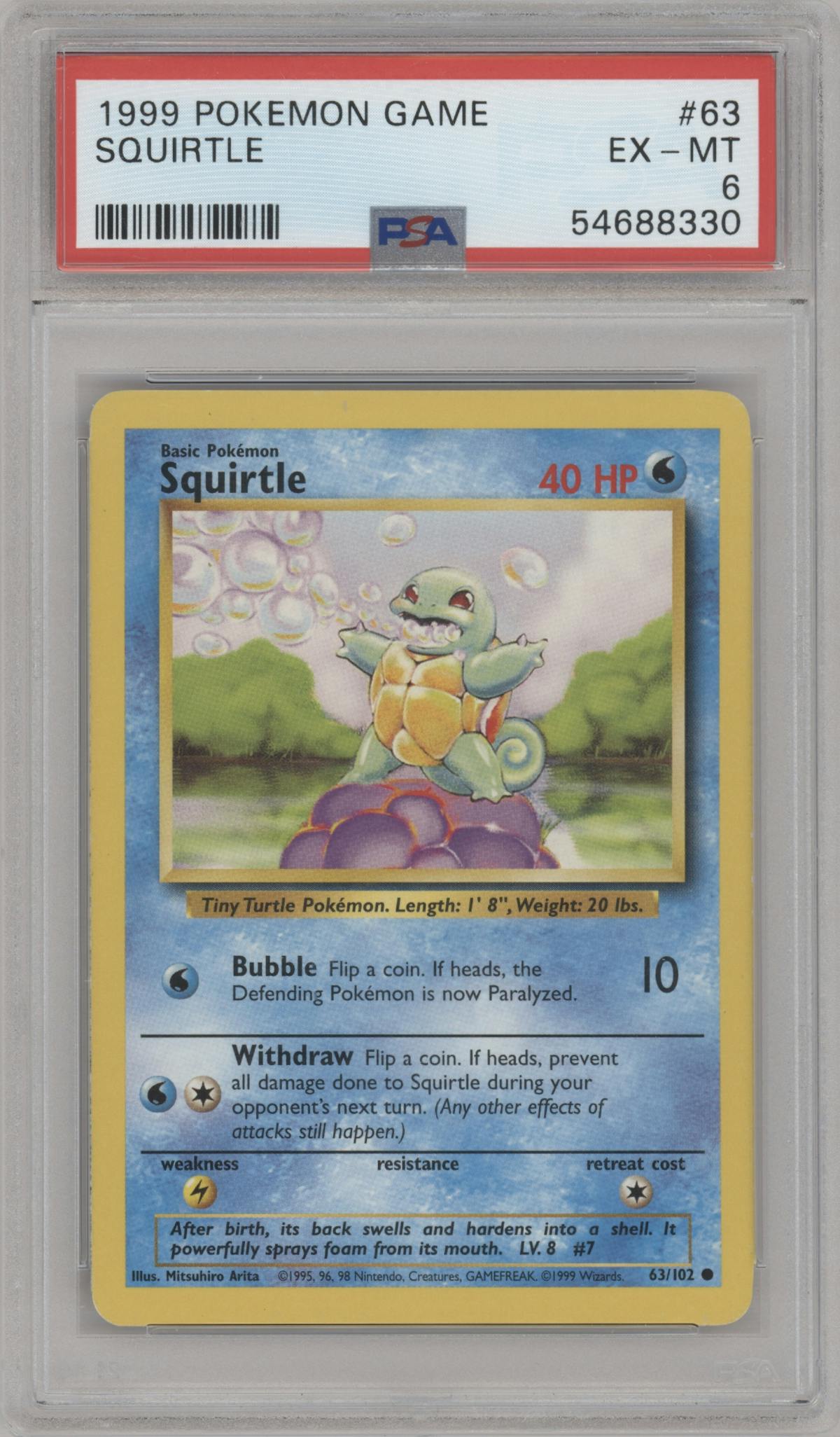 Squirtle from the 1999 Pokemon set graded by PSA and given an overall grade of 6.