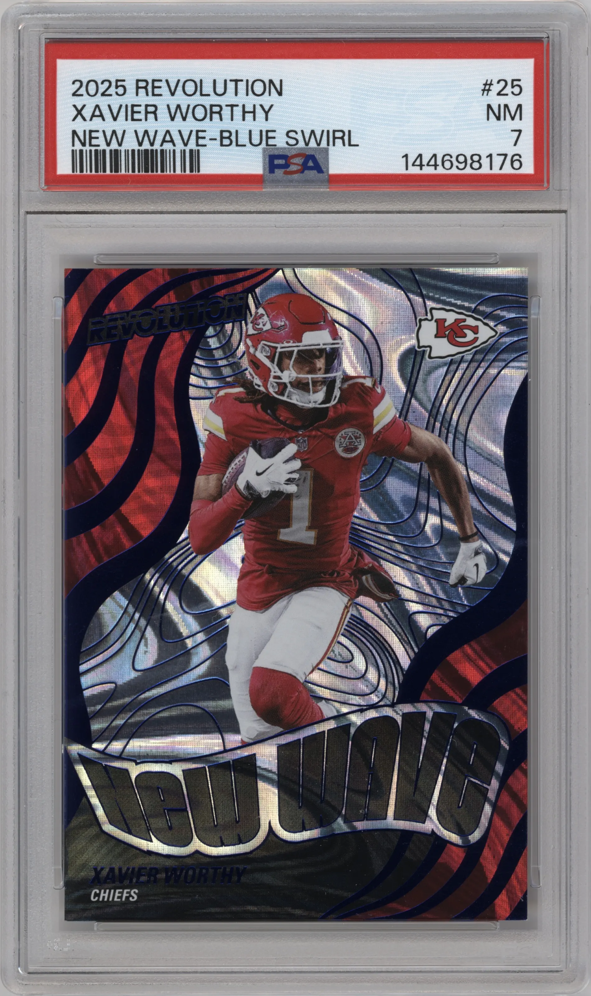 2025 Panini Revolution New Wave Xavier Worthy Blue Swirl #25 PSA 7