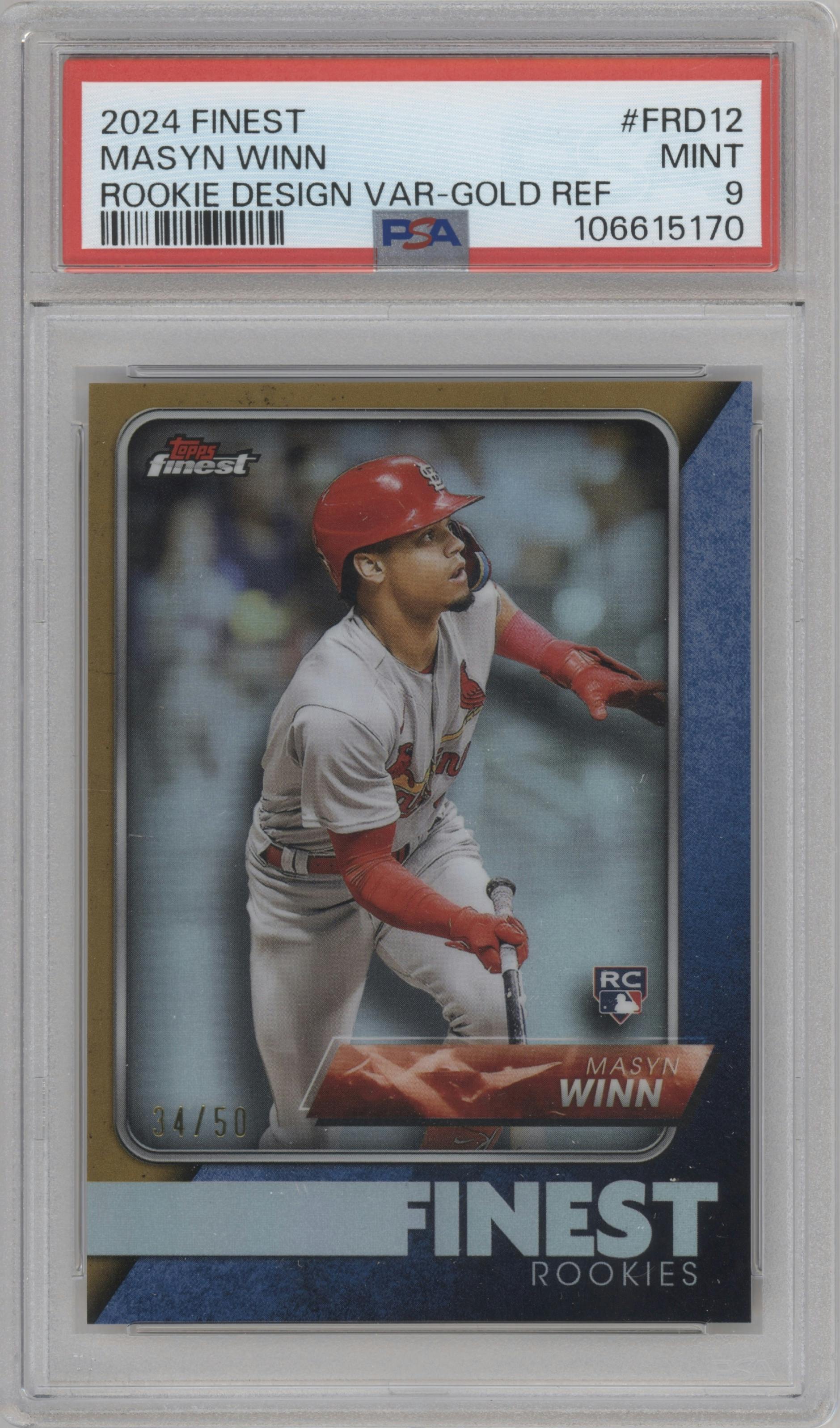 Masyn Winn from the 2024 Topps Finest set featuring a Gold parallel graded by PSA and given an overall grade of 9.