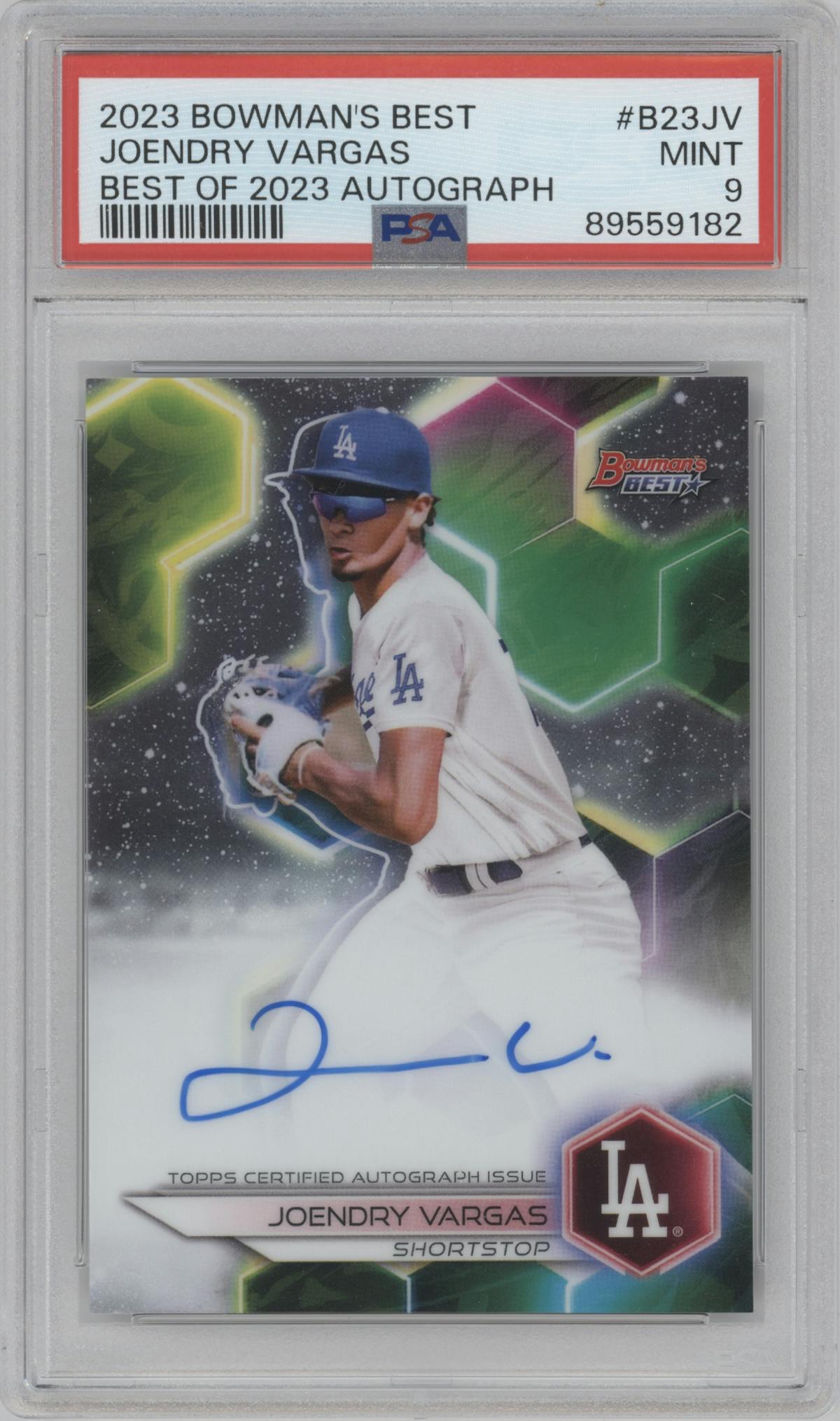 Joendry Vargas from the 2023 Bowman's Best set graded by PSA and given an overall grade of 9.