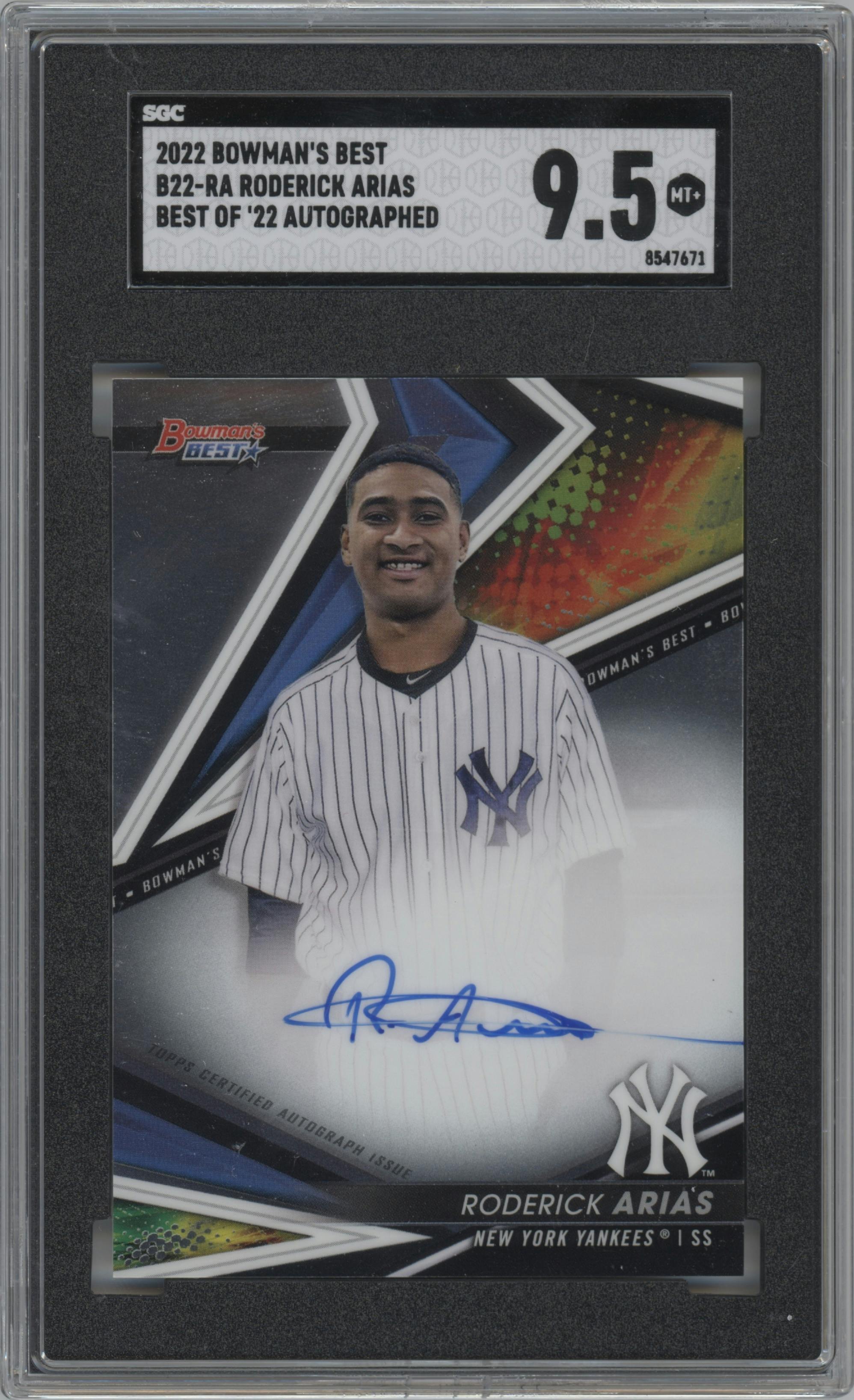 Roderick Arias from the 2022 Bowman’s Best   set graded by SGC and given an overall grade of 9.5.