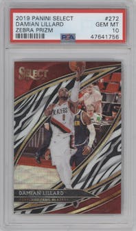Damian Lillard from the 2019-20 Panini Select set featuring a Zebra Prizm parallel graded by PSA and given an overall grade of 10.