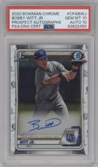 Bobby Witt Jr. from the 2020 Bowman Chrome set graded by PSA and given an overall grade of 10.
