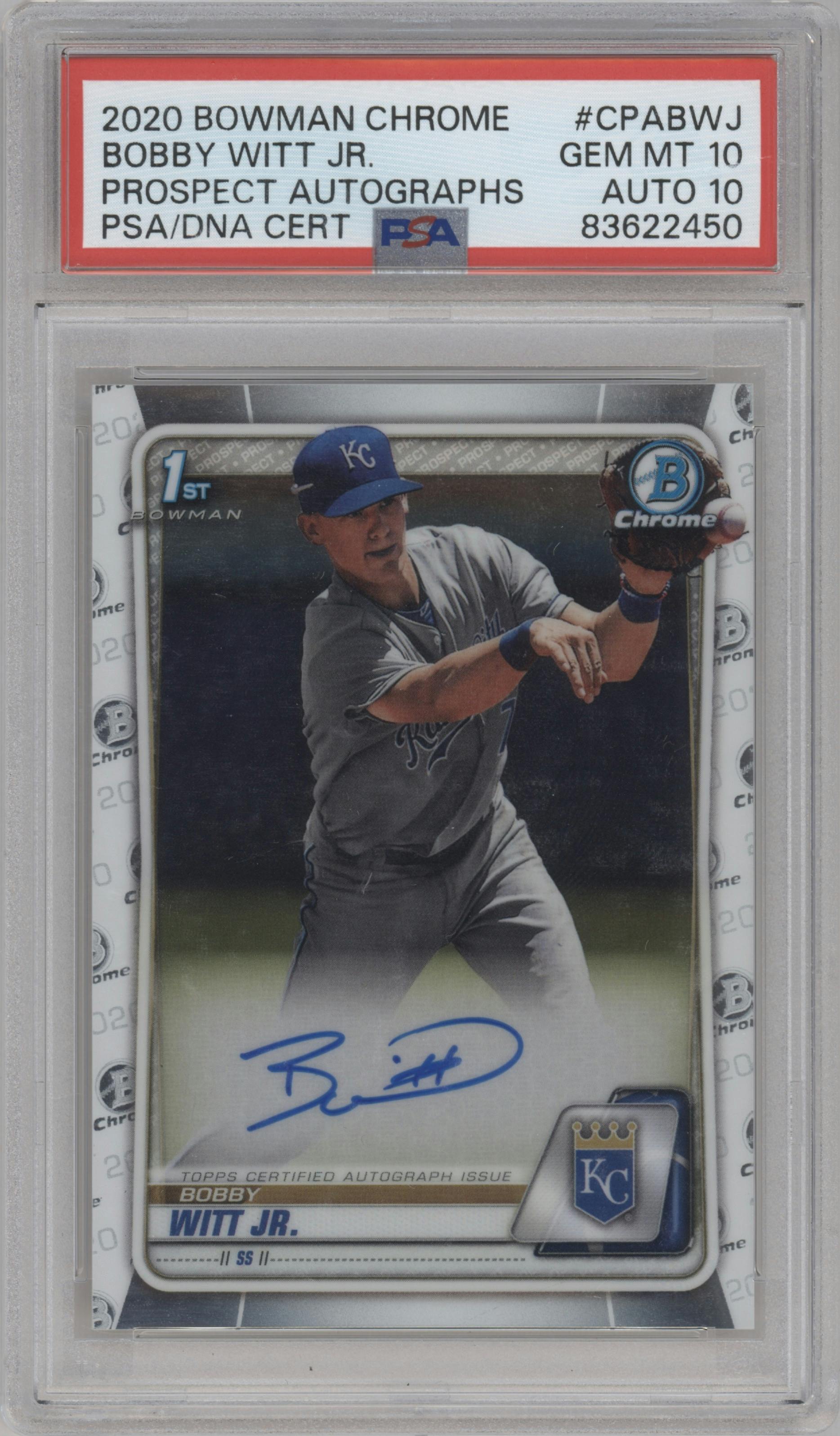 Bobby Witt Jr. from the 2020 Bowman Chrome set graded by PSA and given an overall grade of 10.