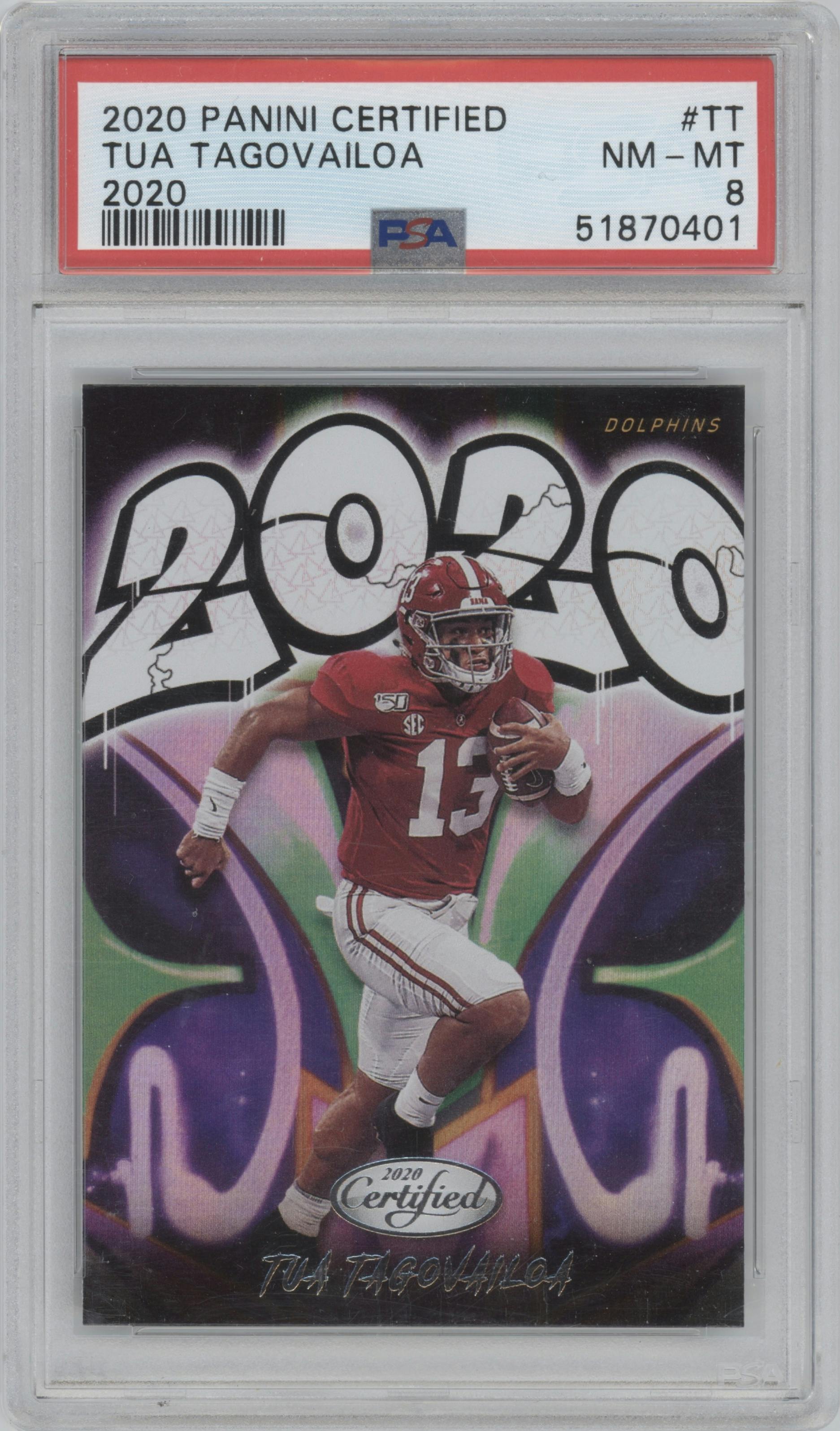 Tua Tagovailoa from the 2020 Panini Certified set graded by PSA and given an overall grade of 8.