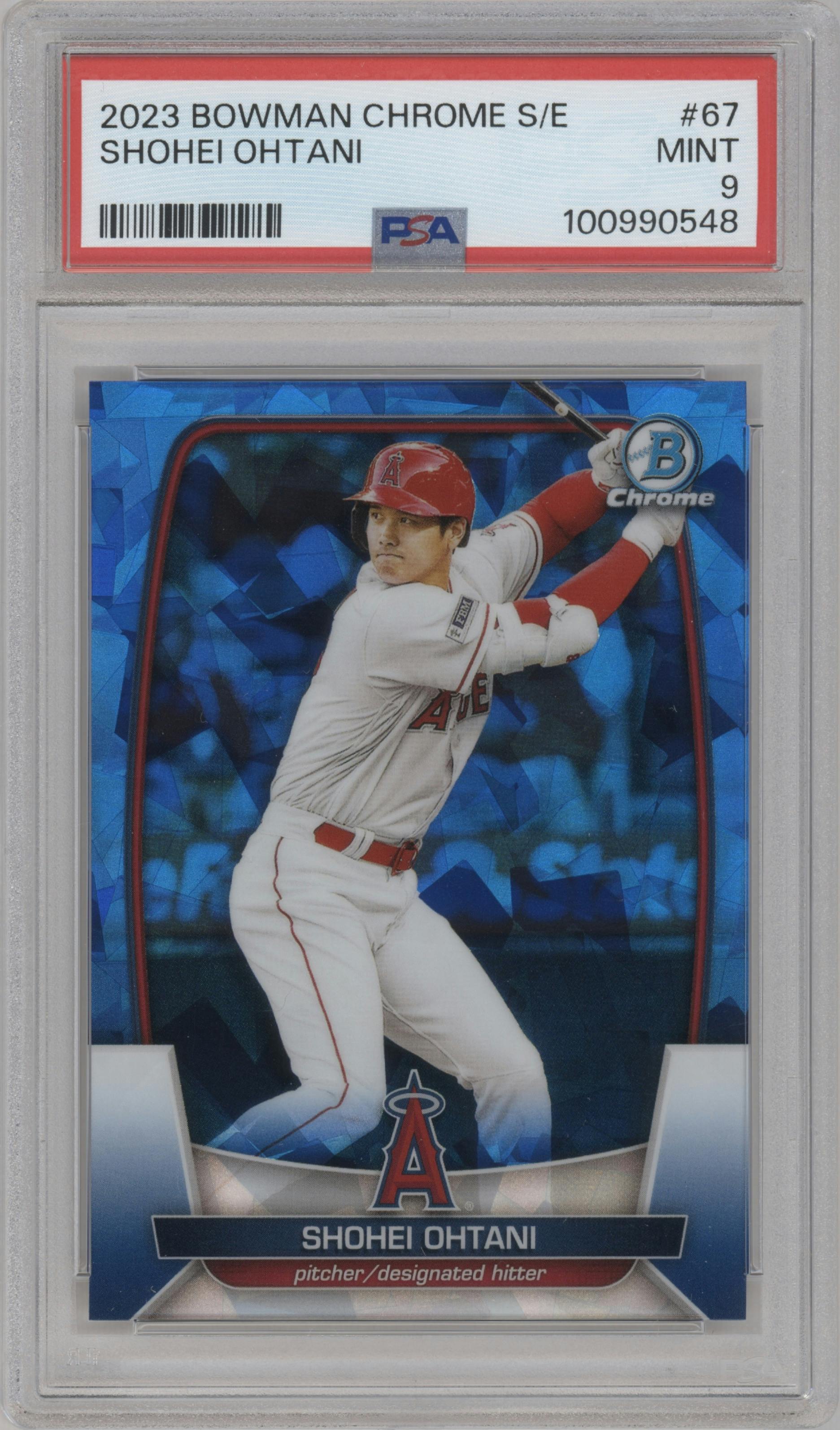 Shohei Ohtani from the 2023 Bowman Chrome Sapphire Edition set graded by PSA and given an overall grade of 9.