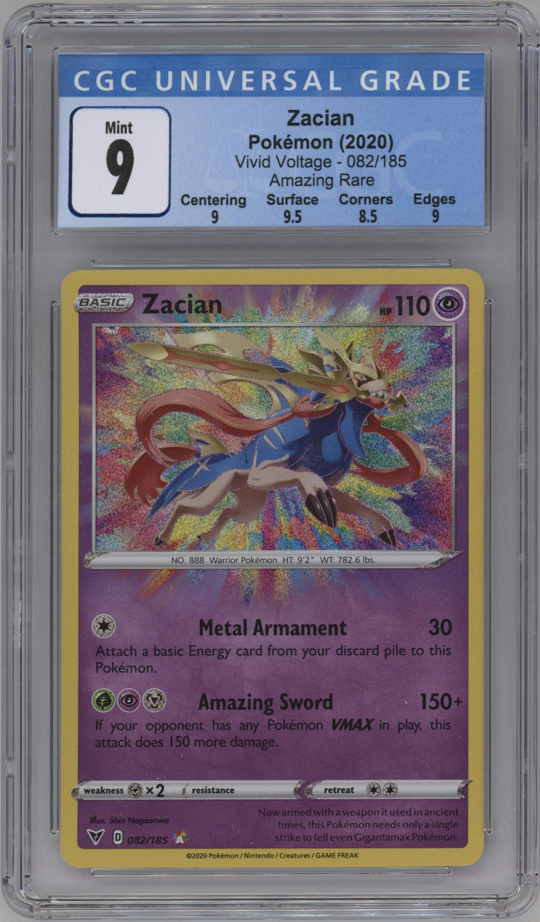Zacian from the 2020 Pokemon SWSH set graded by CSG and given an overall grade of 9.