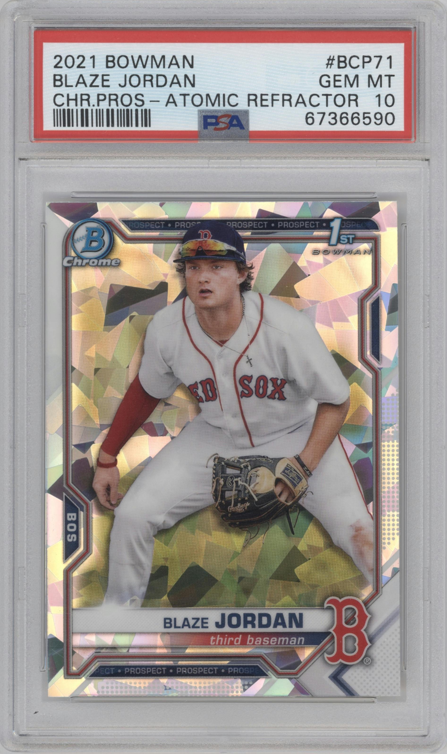 Blaze Jordan from the 2021 Bowman set featuring a Atomic Refractor parallel graded by PSA and given an overall grade of 10.