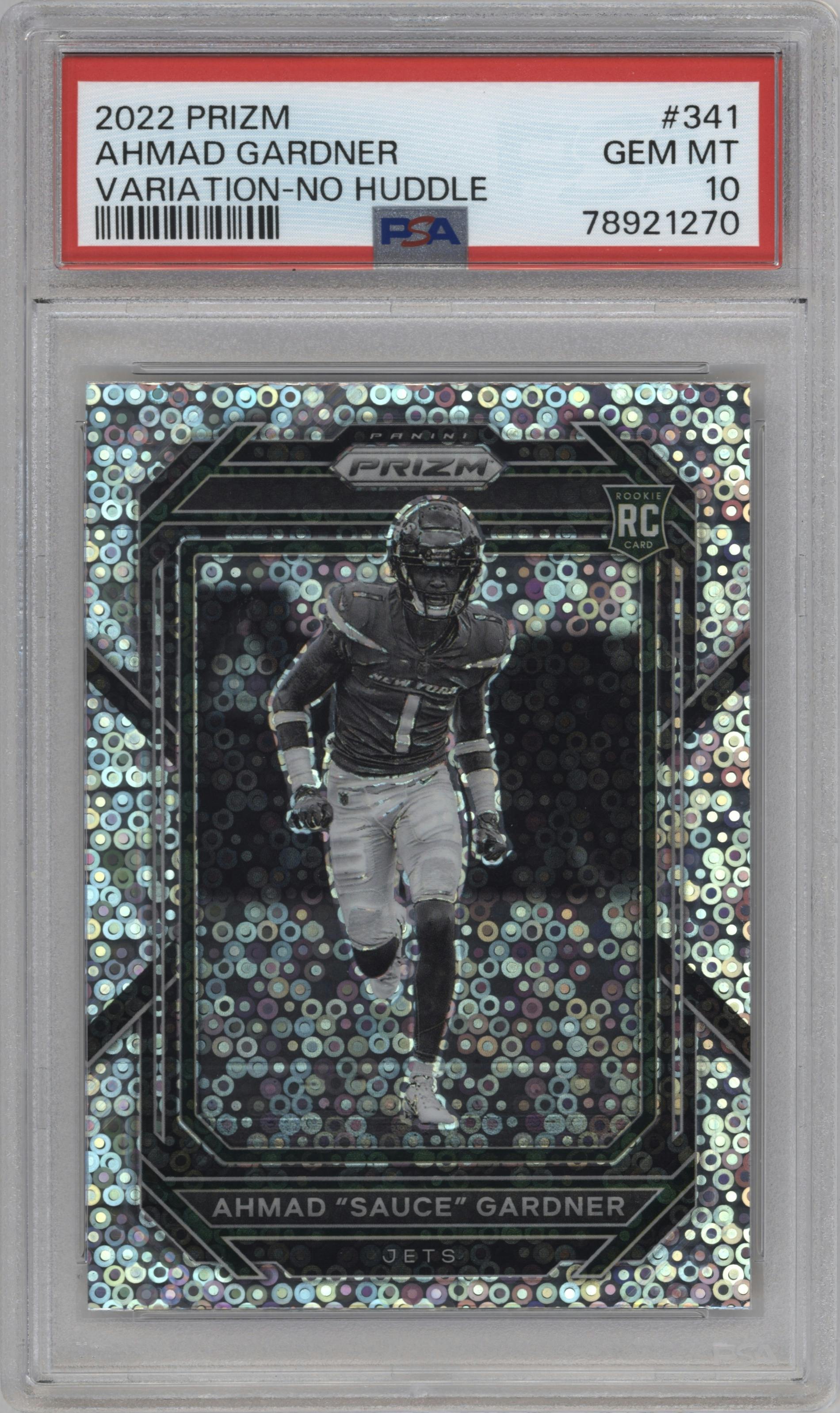 Ahmad "Sauce" Gardner from the 2022 Panini Prizm set featuring a No Huddle  parallel graded by PSA and given an overall grade of 10.