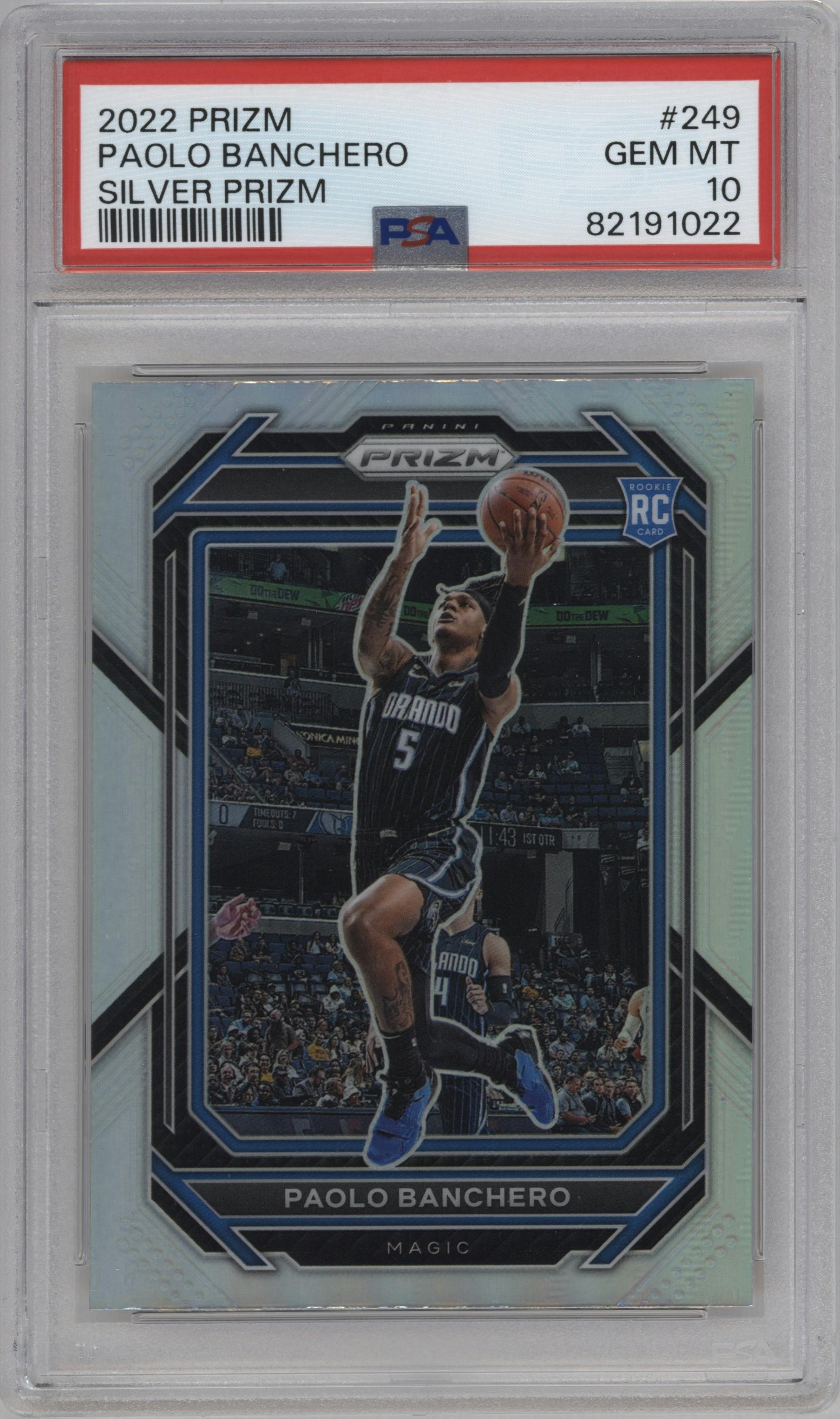 Paolo Banchero from the 2022-23 Panini Prizm  set featuring a Silver Prizm parallel graded by PSA and given an overall grade of 10.