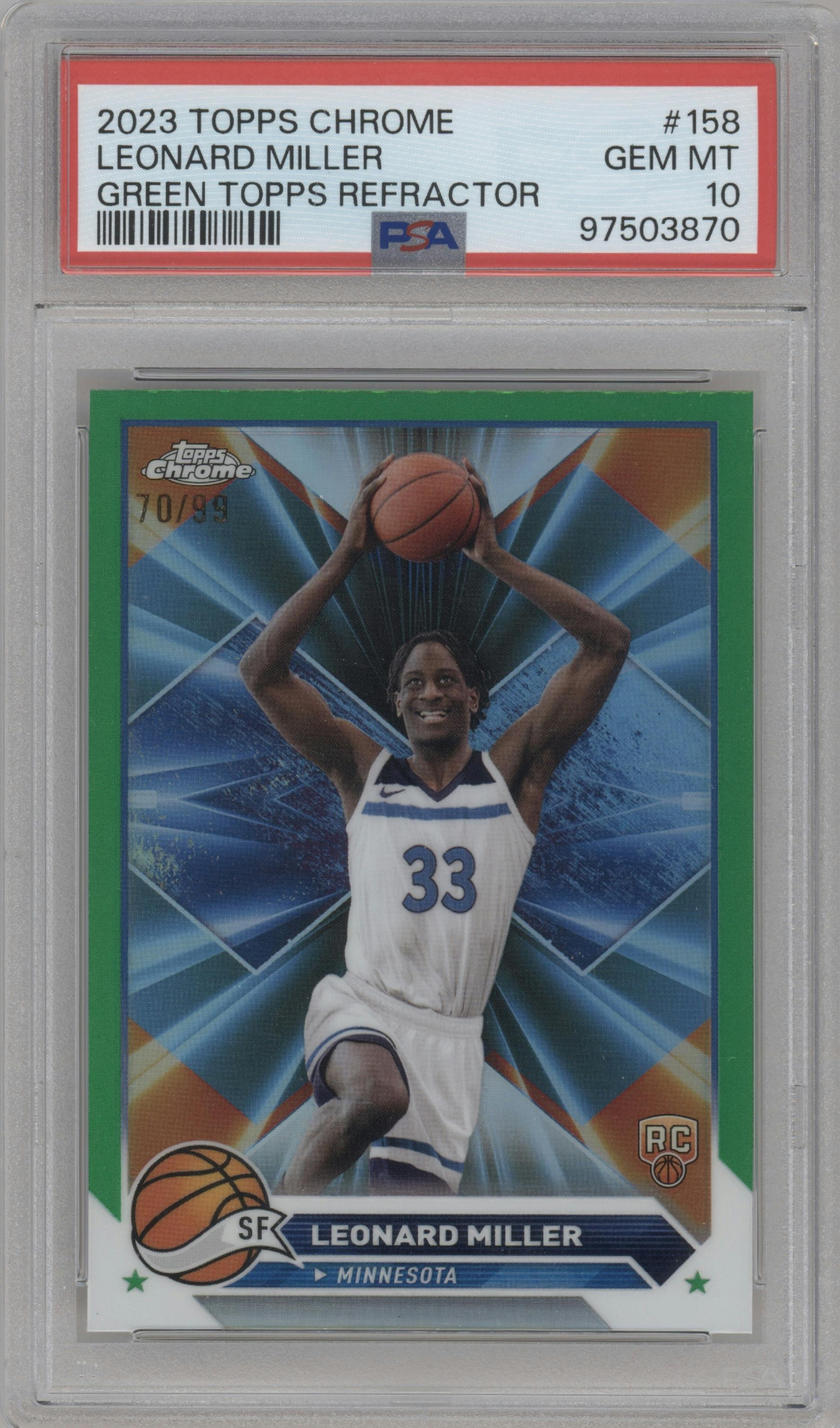 Leonard Miller from the 2023-24 Topps Chrome set featuring a Green Refractor parallel graded by PSA and given an overall grade of 10.