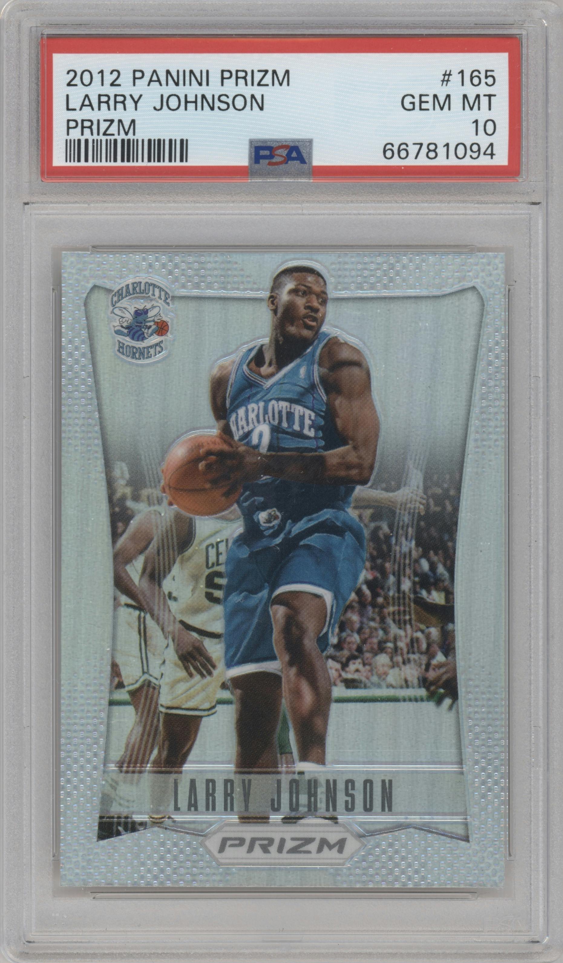 Larry Johnson from the 2012-13 Panini Prizm set featuring a Silver Prizm parallel graded by PSA and given an overall grade of 10.