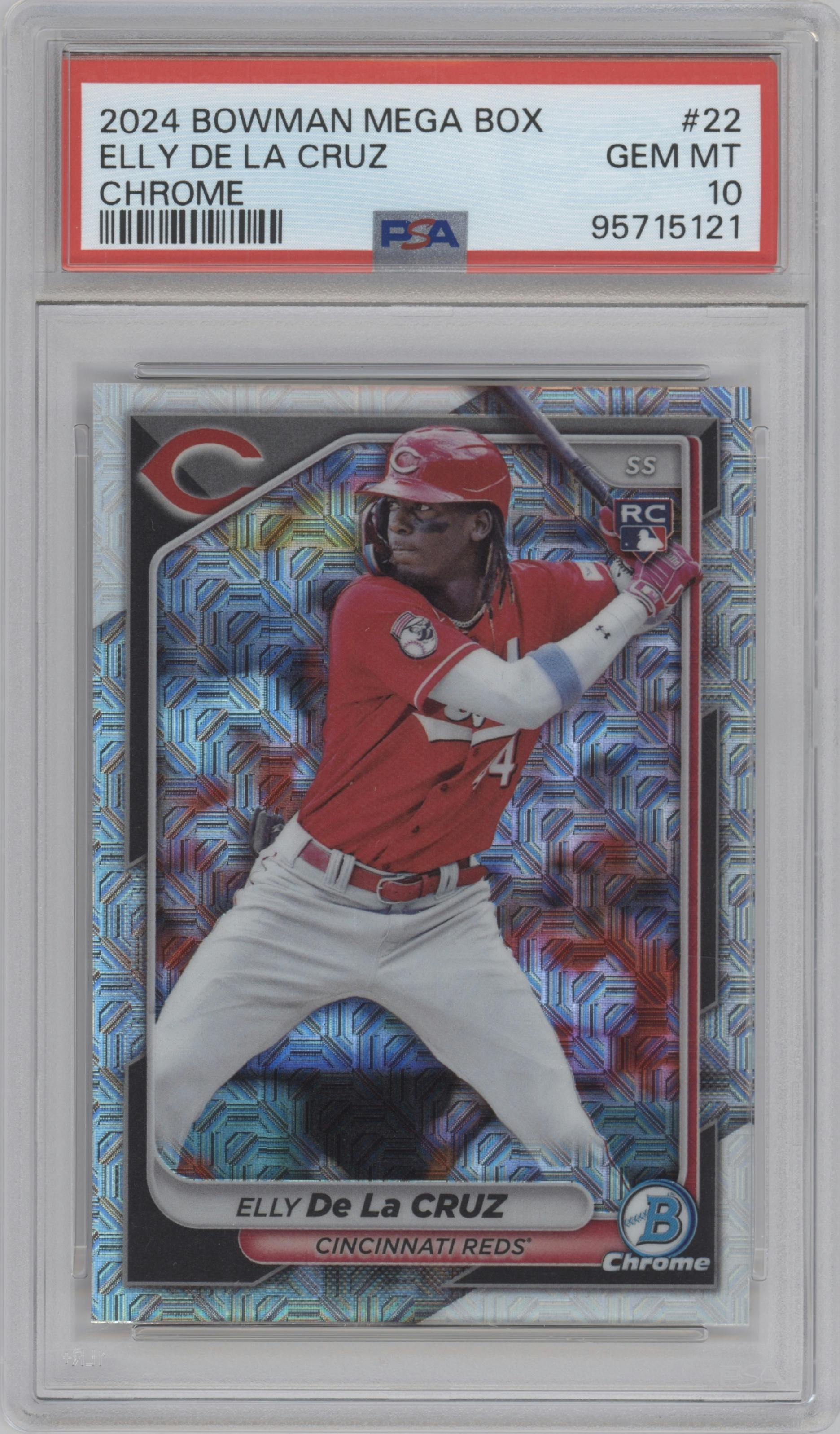 Elly De La Cruz from the 2024 Bowman Mega Box set featuring a Chrome Mojo Refractor parallel graded by PSA and given an overall grade of 10.
