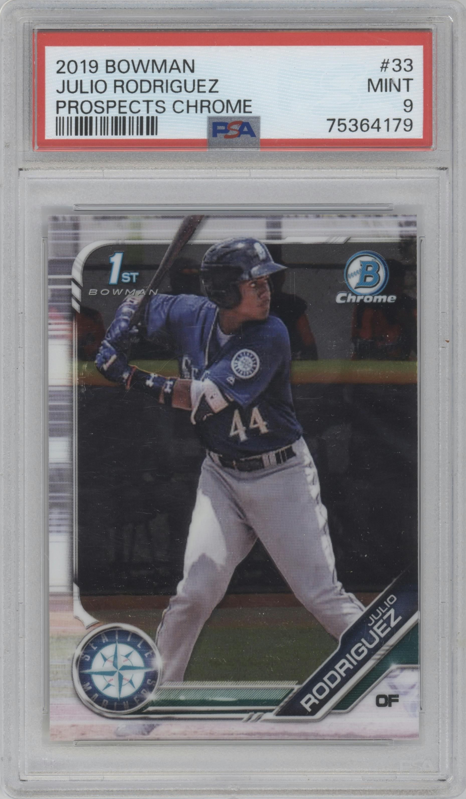 Julio Rodriguez from the 2019 Bowman  set graded by PSA and given an overall grade of 9.