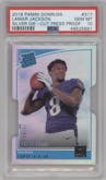 Lamar Jackson from the 2018 Panini Donruss set featuring a Press Proof Silver Die-Cut parallel graded by PSA and given an overall grade of 10.