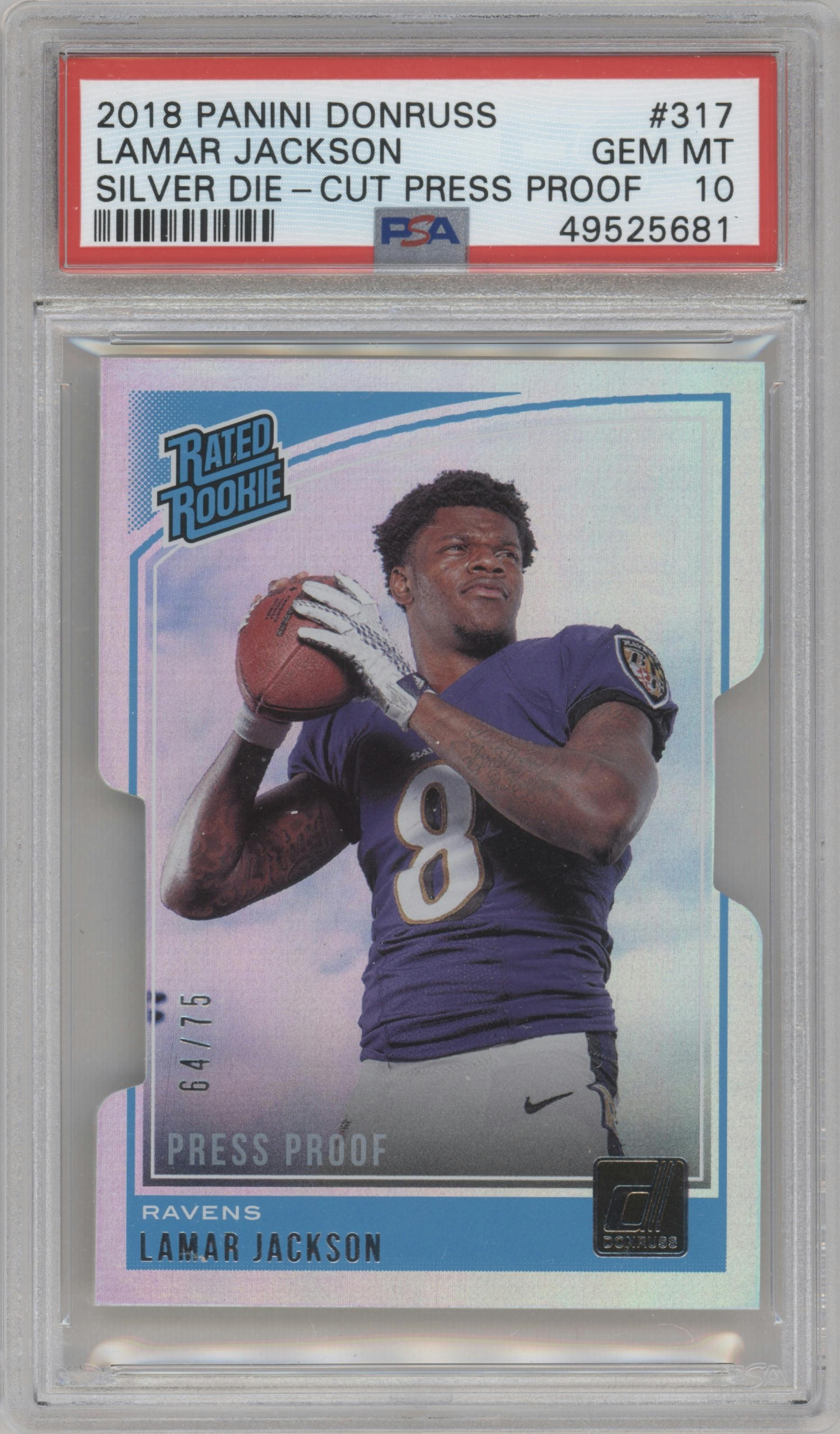 Lamar Jackson from the 2018 Panini Donruss set featuring a Press Proof Silver Die-Cut parallel graded by PSA and given an overall grade of 10.