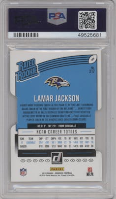Lamar Jackson from the 2018 Panini Donruss set featuring a Press Proof Silver Die-Cut parallel graded by PSA and given an overall grade of 10.