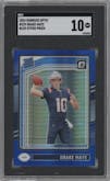 Drake Maye from the 2024 Donruss Optic set featuring a Hyper Blue parallel graded by SGC and given an overall grade of 10.