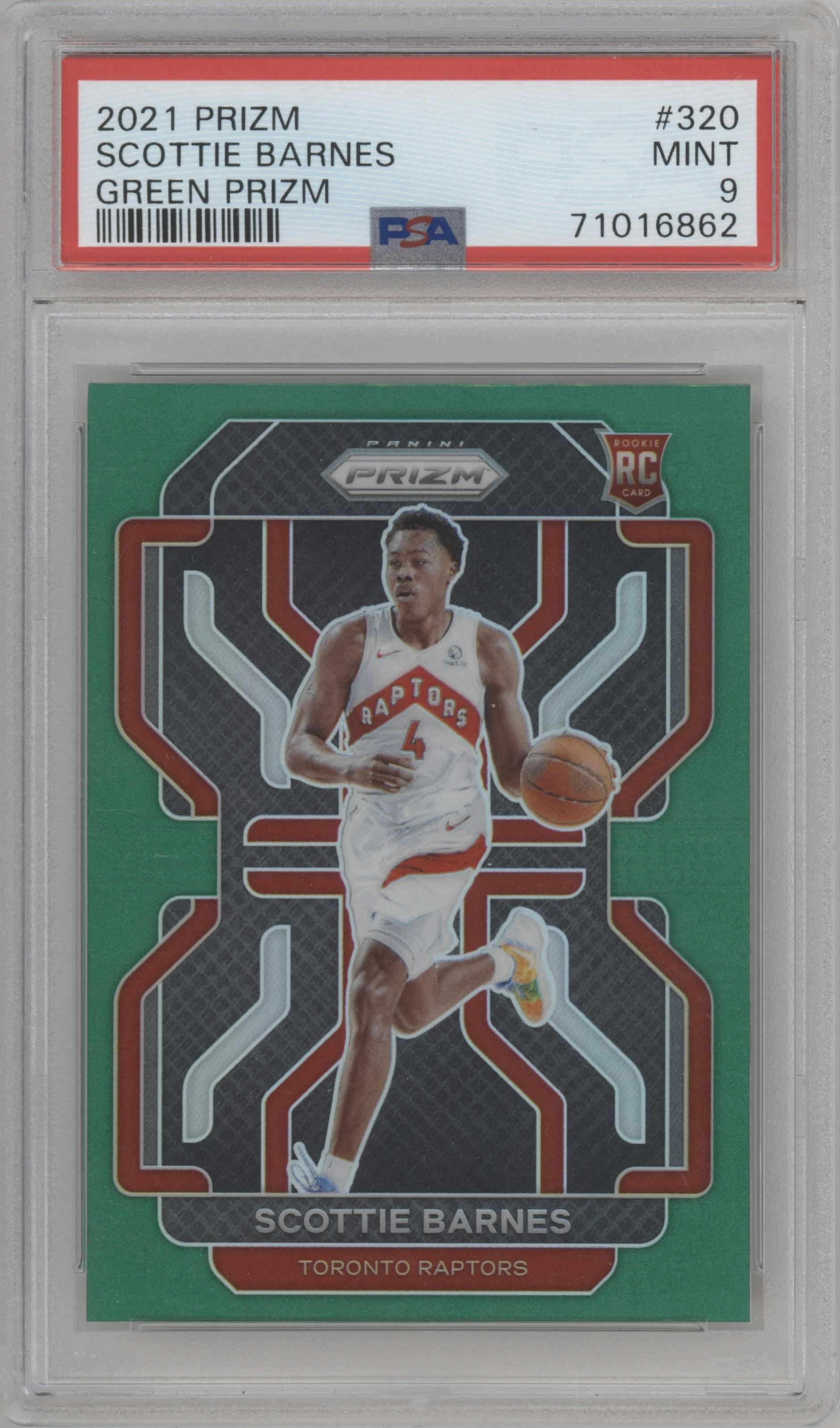 Scottie Barnes from the 2021-22 Panini Prizm  set featuring a Green Prizm parallel graded by PSA and given an overall grade of 9.