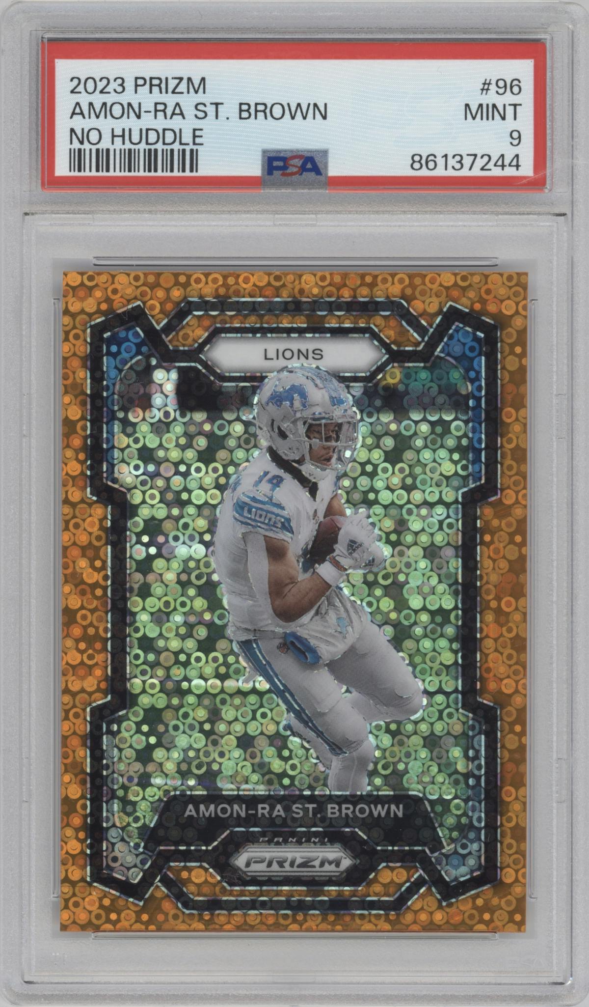 Amon-Ra St. Brown from the 2023 Panini Prizm set featuring a Disco parallel graded by PSA and given an overall grade of 9.
