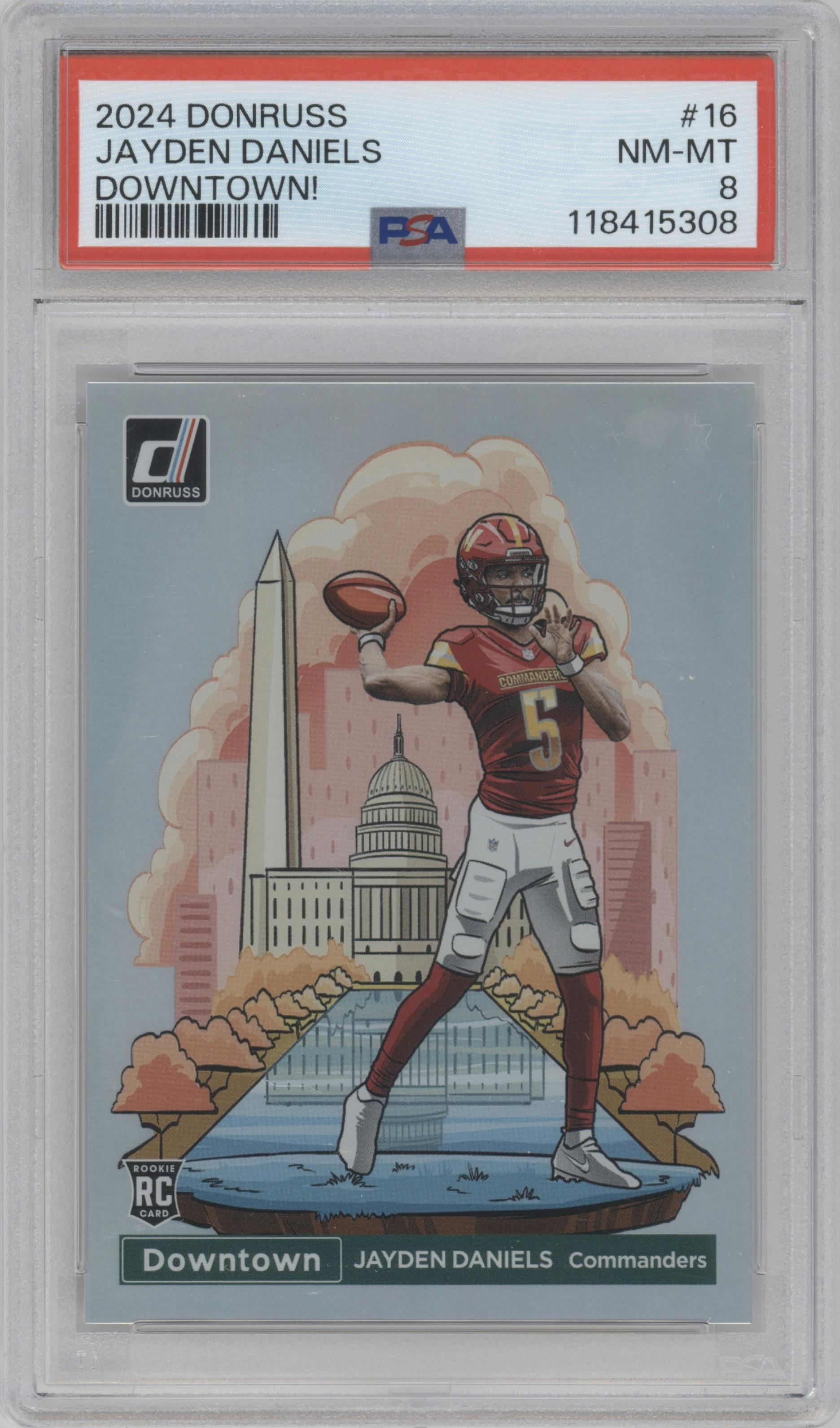 Jayden Daniels from the 2024 Donruss set graded by PSA and given an overall grade of 8.