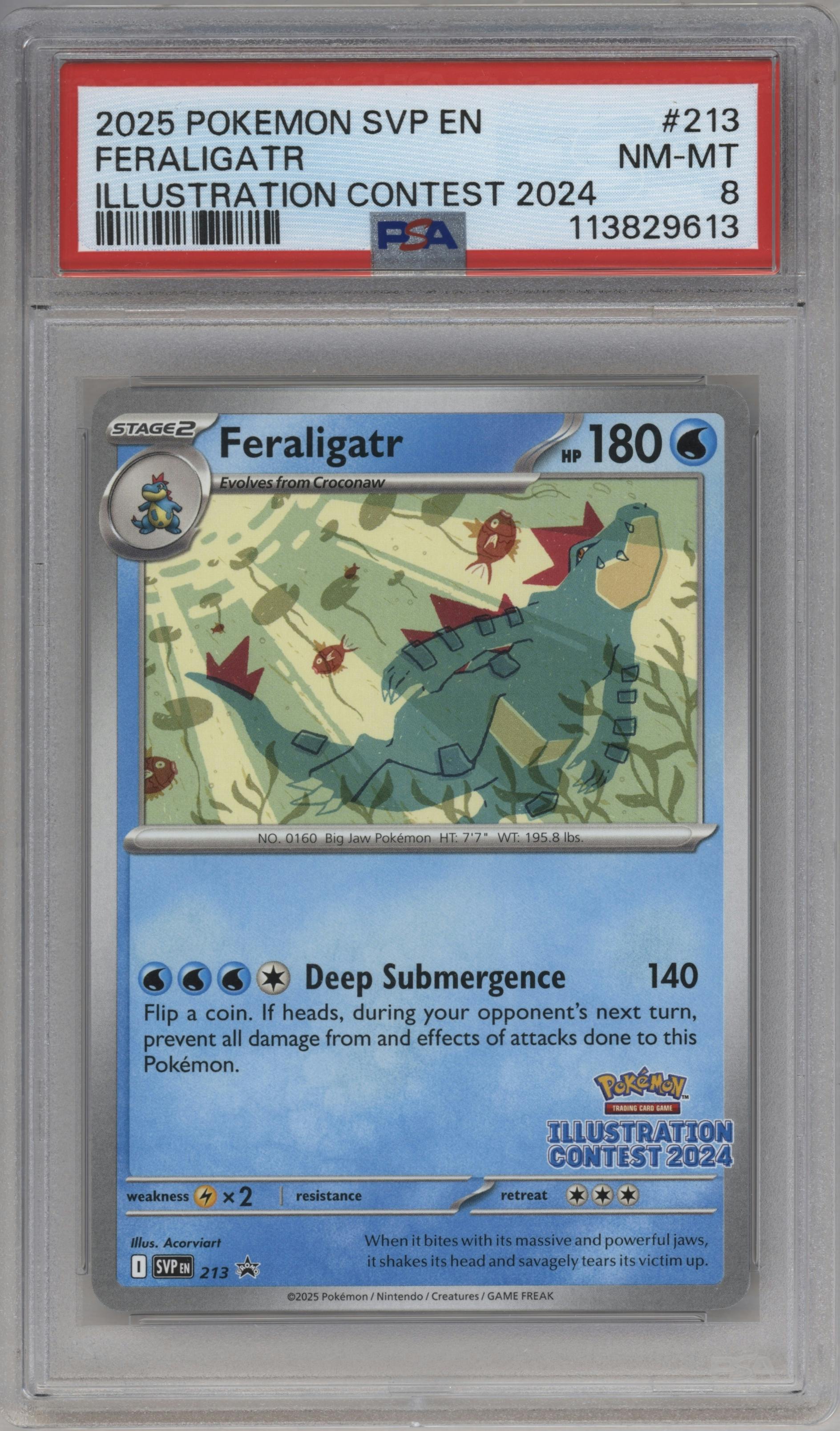 Feraligatr from the 2025 Pokemon SV set featuring a Illustration Contest 2024 parallel graded by PSA and given an overall grade of 8.