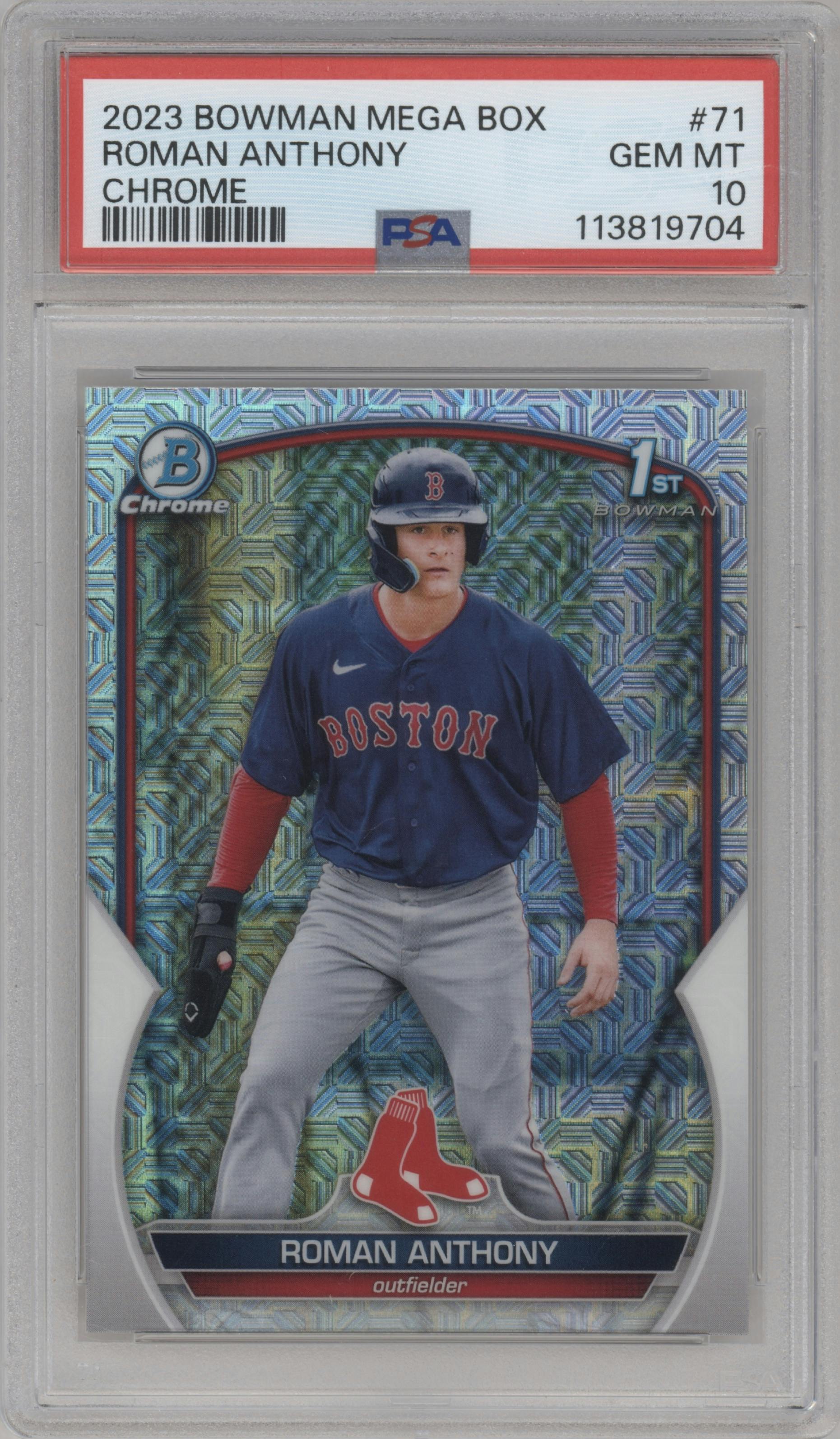 Roman Anthony from the 2023 Bowman Mega Box set graded by PSA and given an overall grade of 10.
