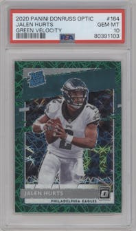 Jalen Hurts from the 2020 Panini Donruss Optic set featuring a Green Velocity parallel graded by PSA and given an overall grade of 10.
