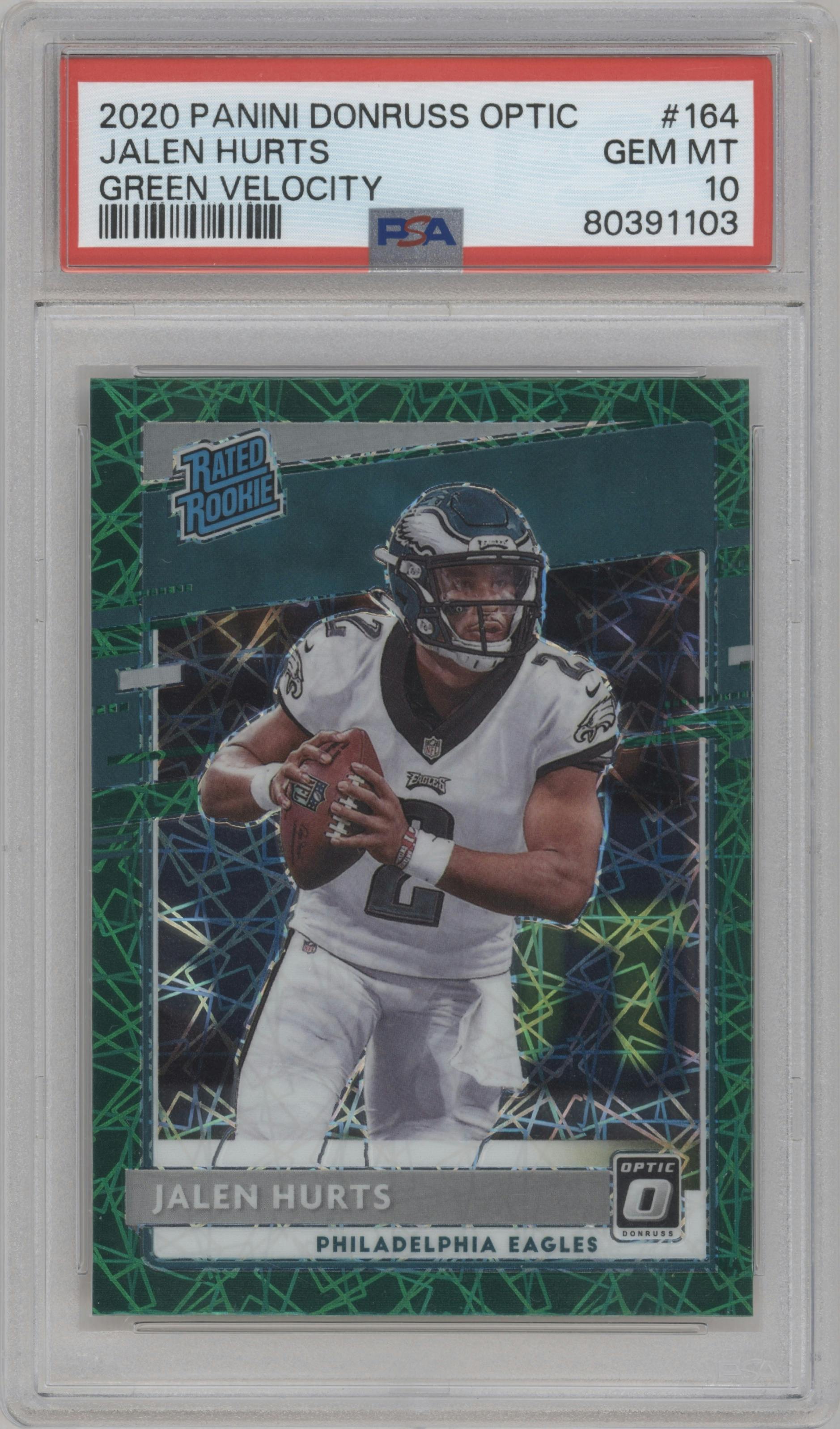 Jalen Hurts from the 2020 Panini Donruss Optic set featuring a Green Velocity parallel graded by PSA and given an overall grade of 10.