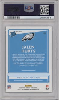 Jalen Hurts from the 2020 Panini Donruss Optic set featuring a Green Velocity parallel graded by PSA and given an overall grade of 10.