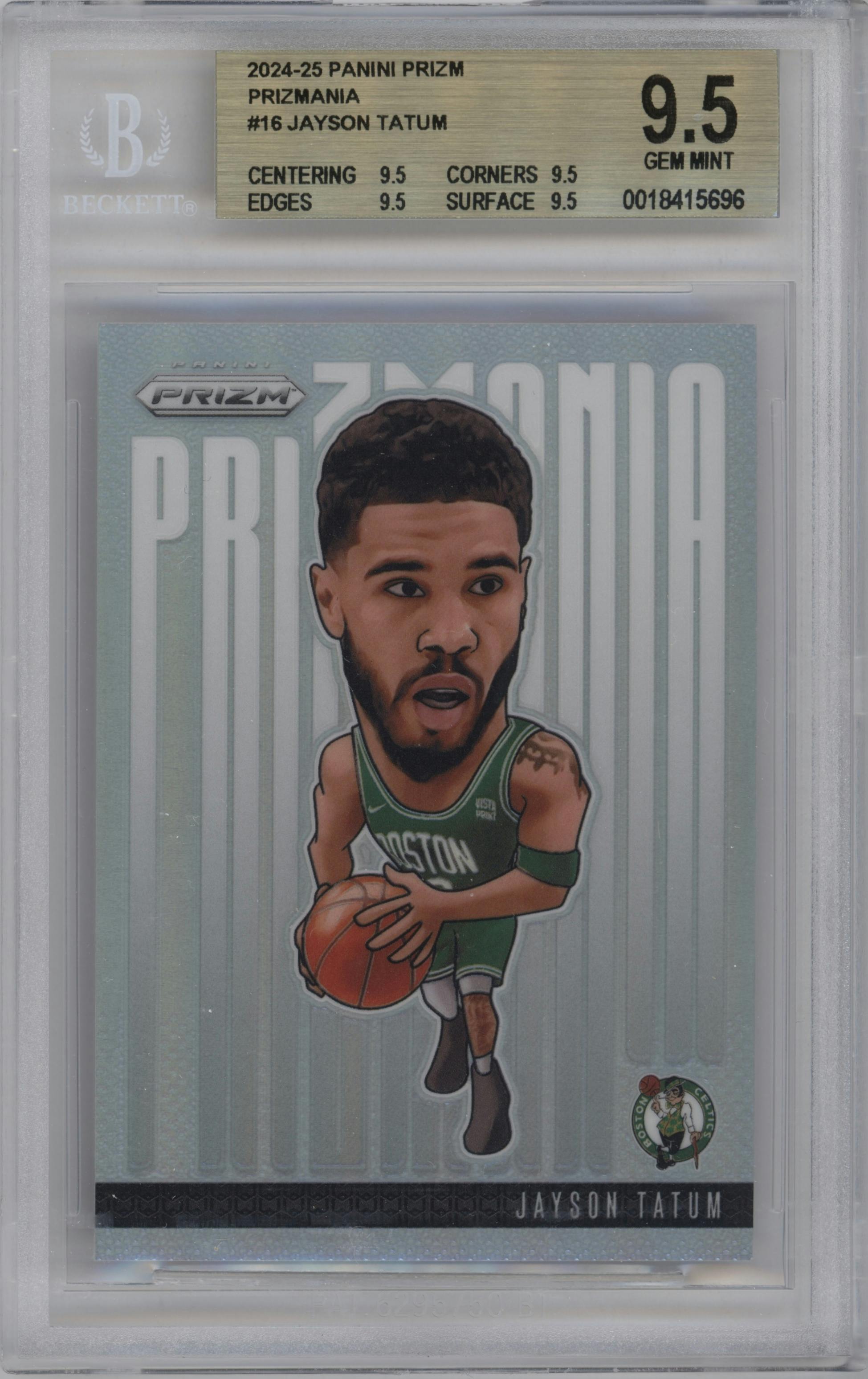 Jayson Tatum from the 2024-25 Panini Prizm set graded by Beckett and given an overall grade of 9.5.