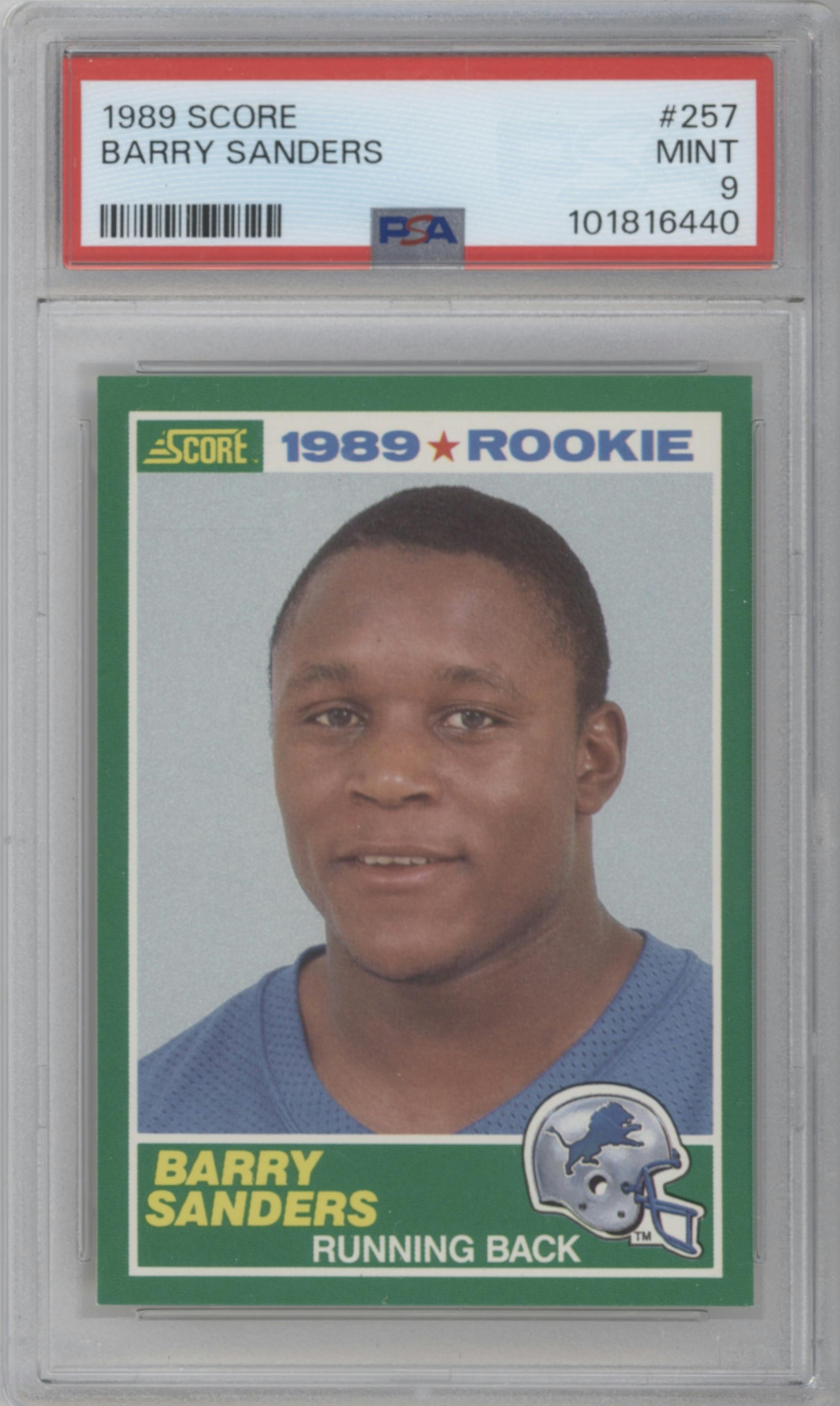 Barry Sanders from the 1989 Score set graded by PSA and given an overall grade of 9.