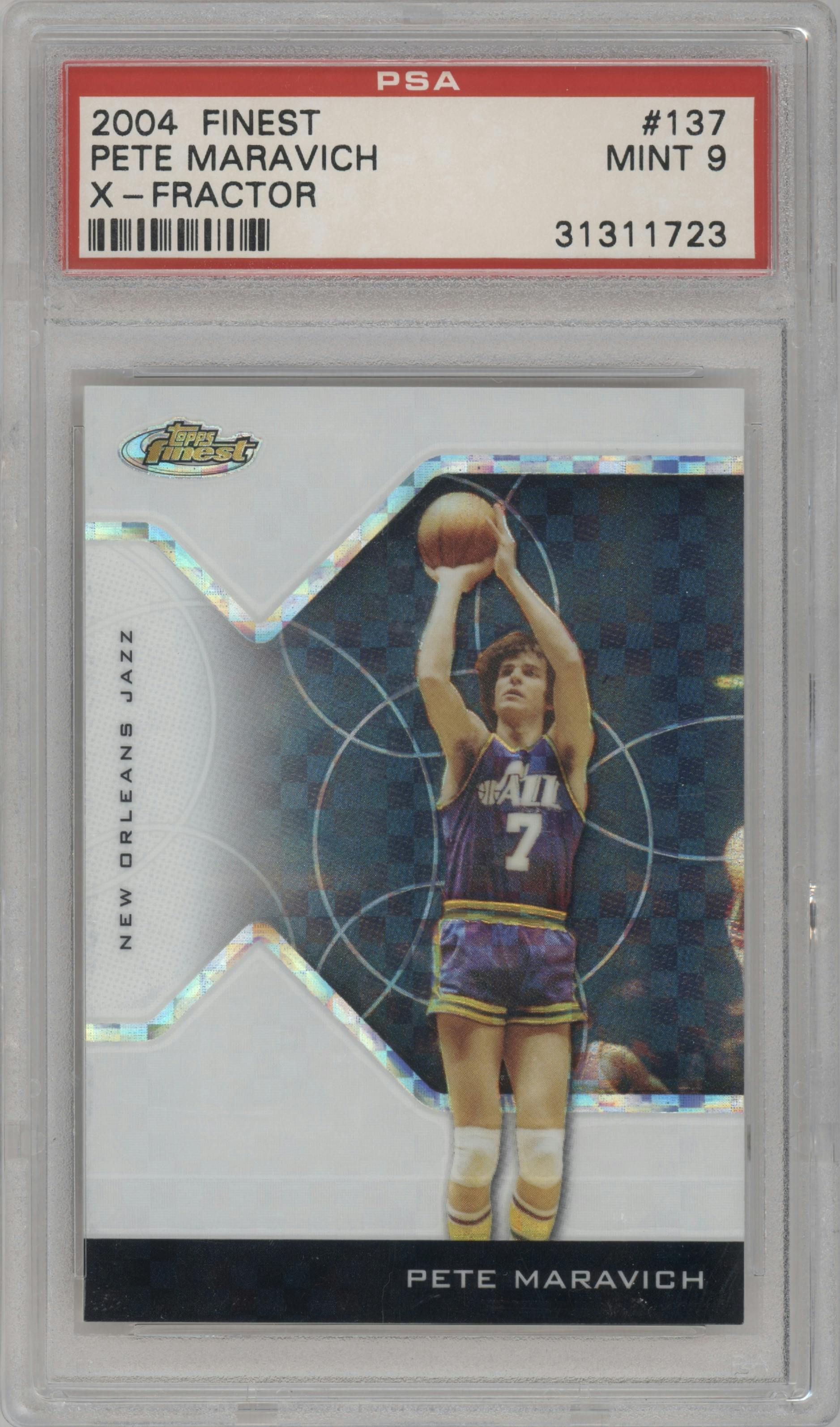 Pete Maravich  from the 2004-05 Topps Finest set featuring a X-Fractor parallel graded by PSA and given an overall grade of 9.